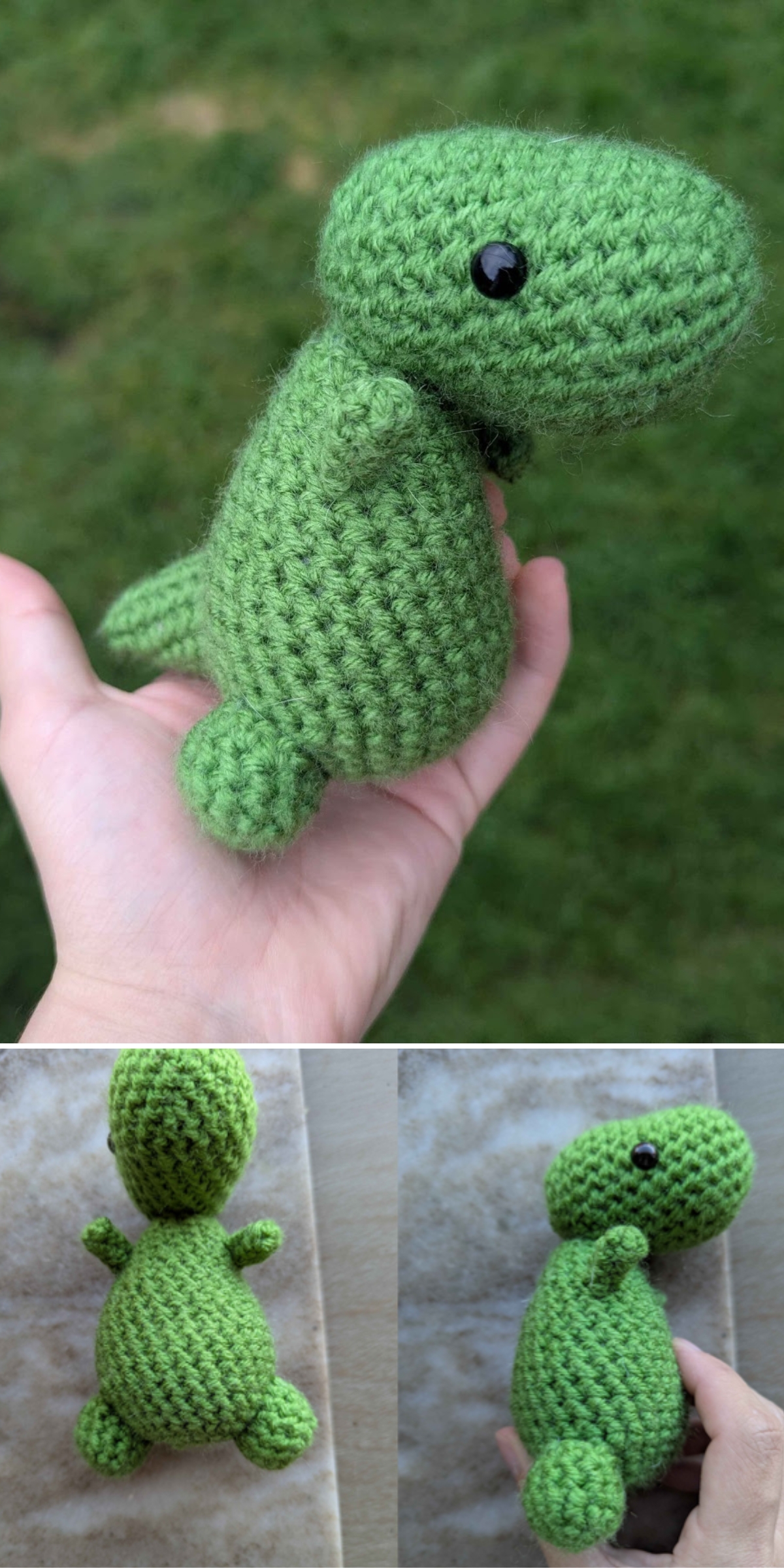A hand holds a small, green crochet dinosaur plush. Two additional photos below show the same crochet dinosaur from different angles on a neutral surface.