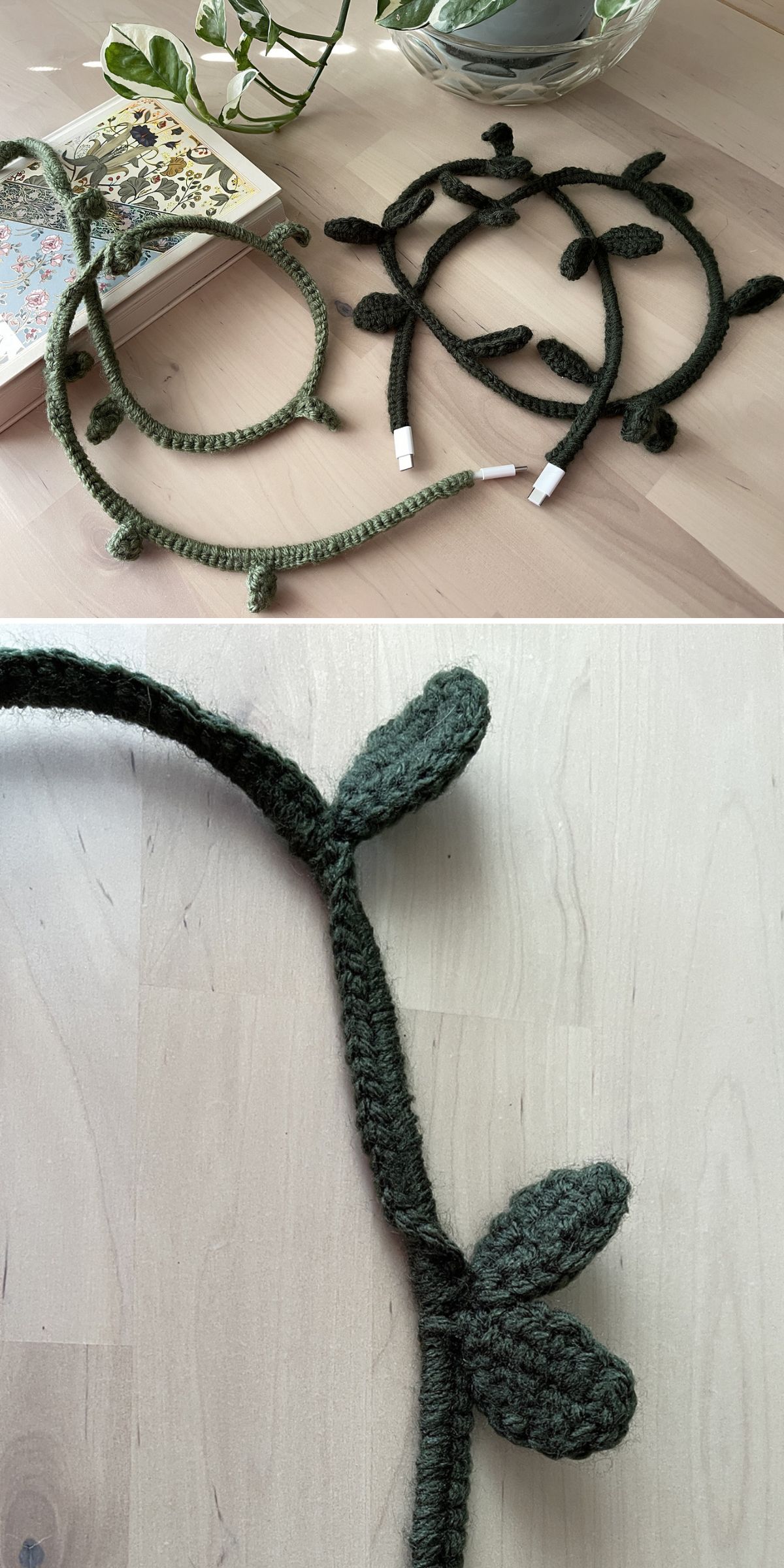 Two photos show crocheted green USB charging cables with leaf designs, arranged on a light wooden surface next to a plant and a book. A close-up highlights the leaf details, perfect for those seeking unique crochet cover patterns or free crochet patterns.