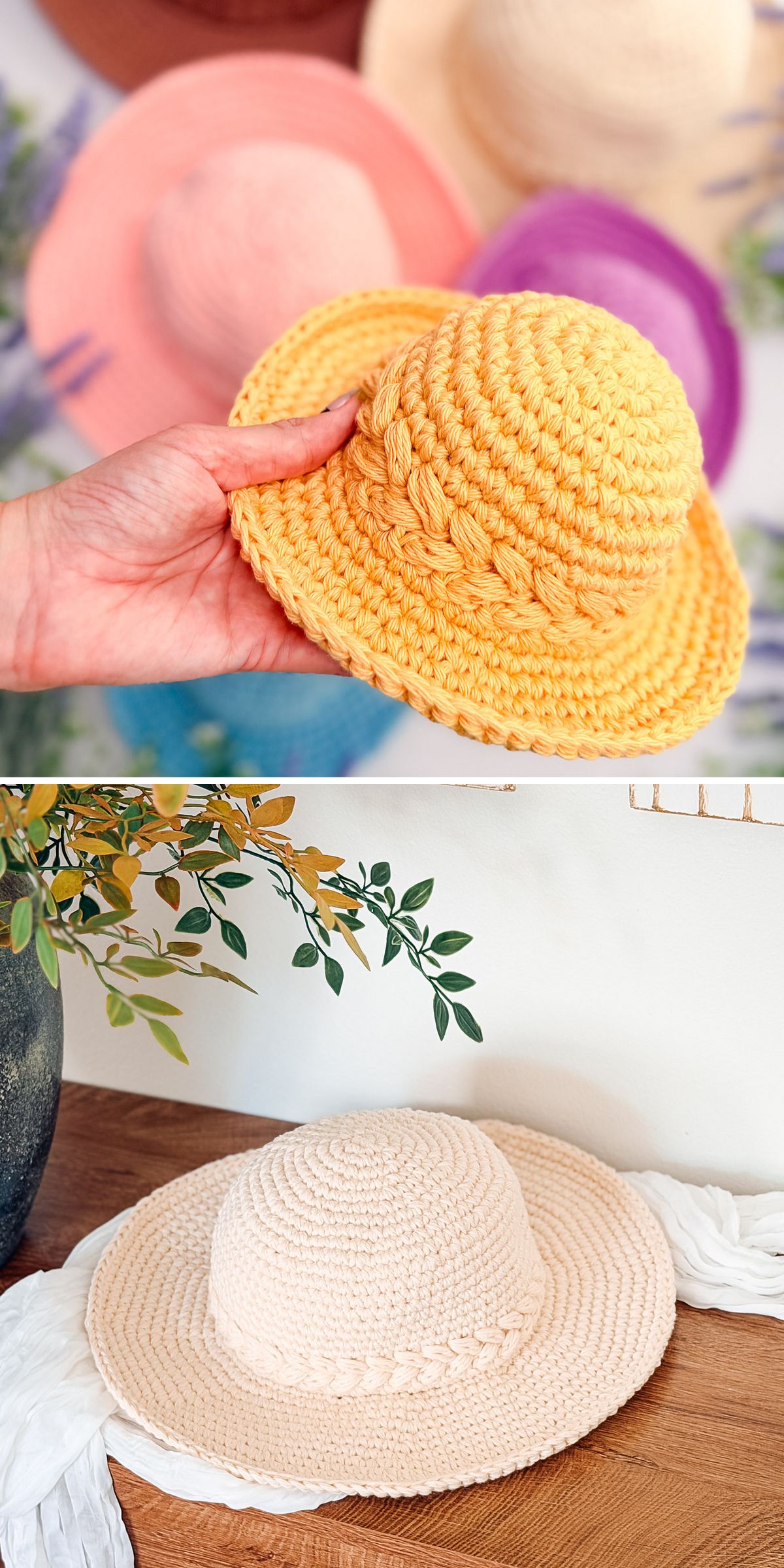 Two images: The top shows a hand holding a yellow crochet sun hat with more hats in the background. The bottom features a cream crochet sun hat on a wooden surface with a plant nearby.