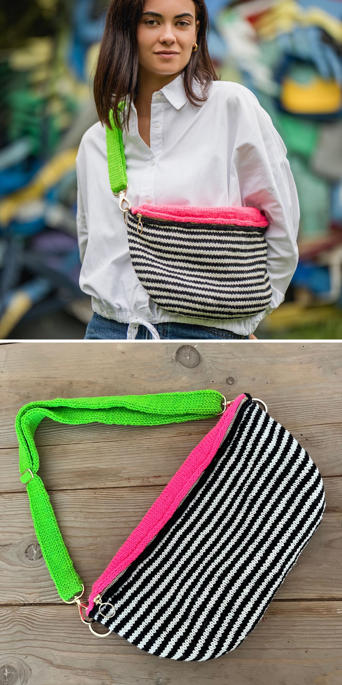 A woman wears a black-and-white striped knit bag with a neon green strap and pink zipper. Below is a close-up of the same bag on a wooden surface.
