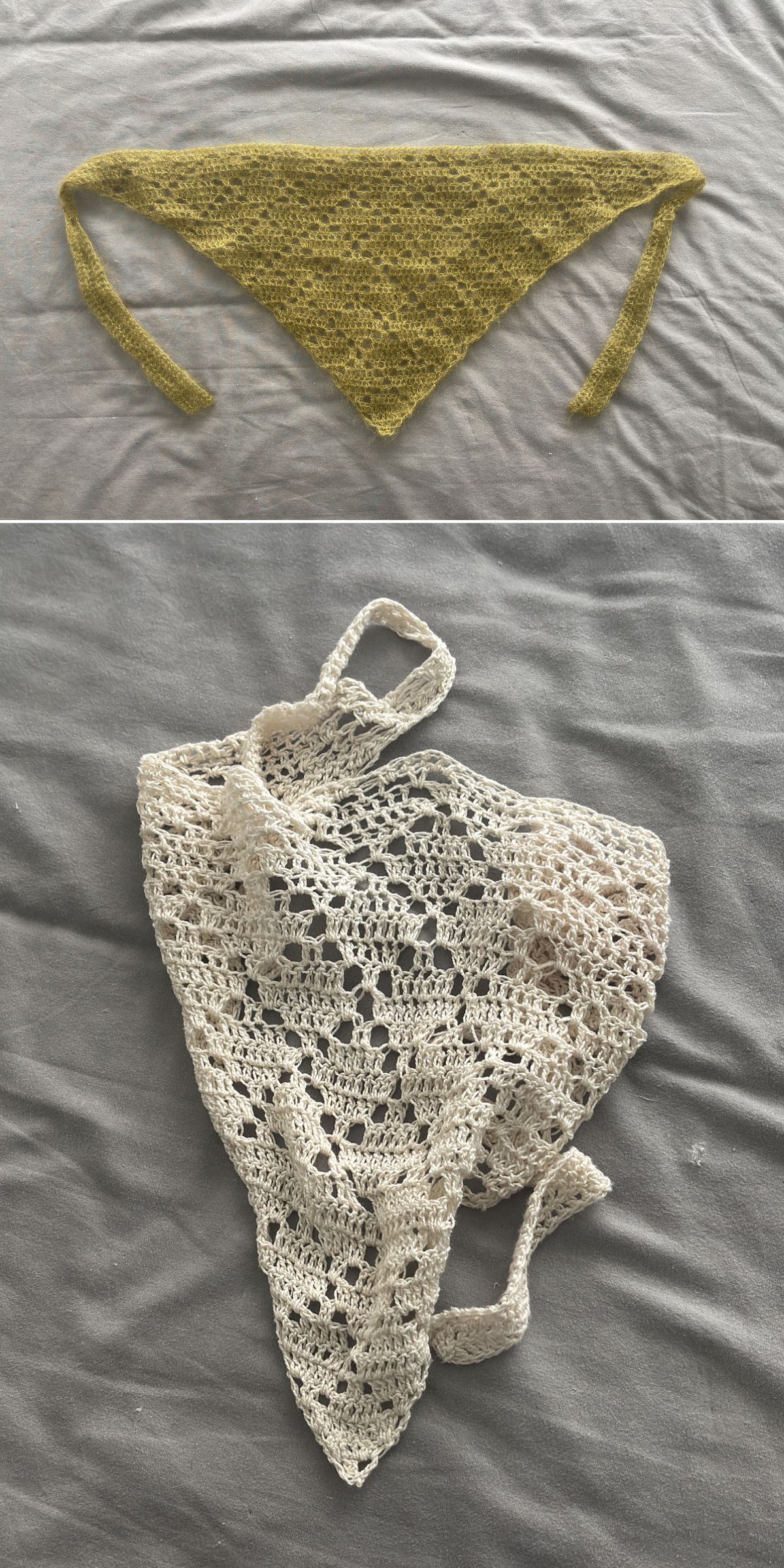 Two crochet bandanas are displayed on a gray fabric background; the top is solid yellow-green, while the bottom features an off-white open lace pattern.