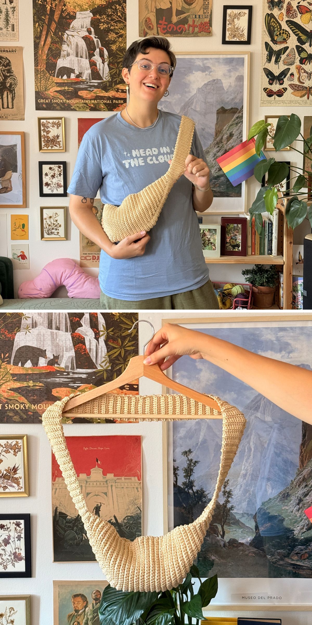 A person stands in front of a gallery wall holding a beige crochet crossbody bag. The second image shows a close-up of the same bag on a hanger.
