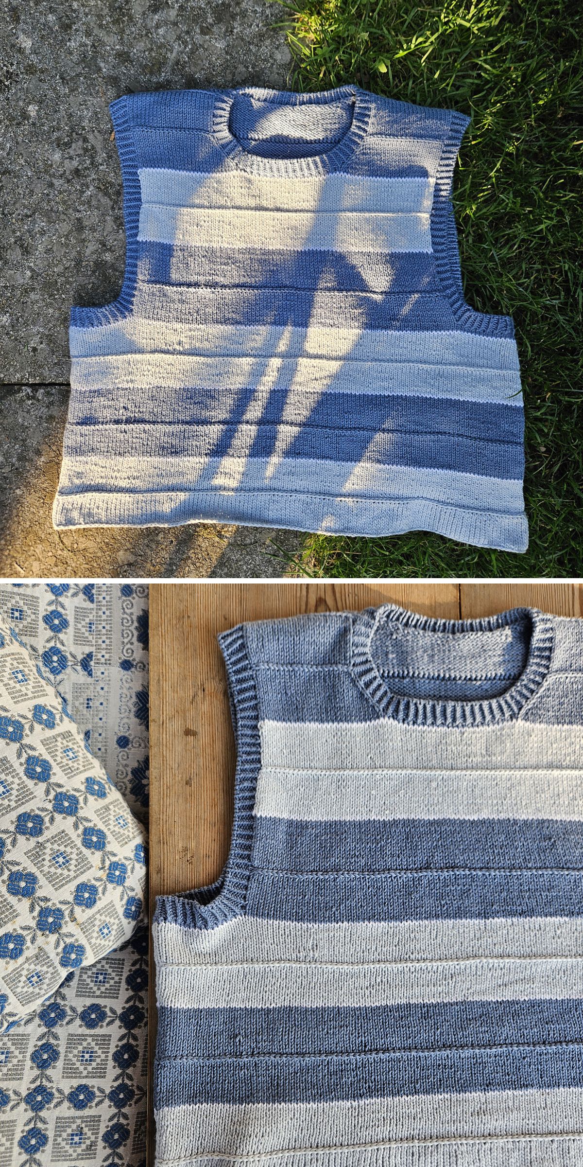 A knitted sleeveless top with horizontal blue and white stripes is laid flat on outdoor surfaces in bright sunlight, perfect inspiration for those seeking modern knit vest patterns.