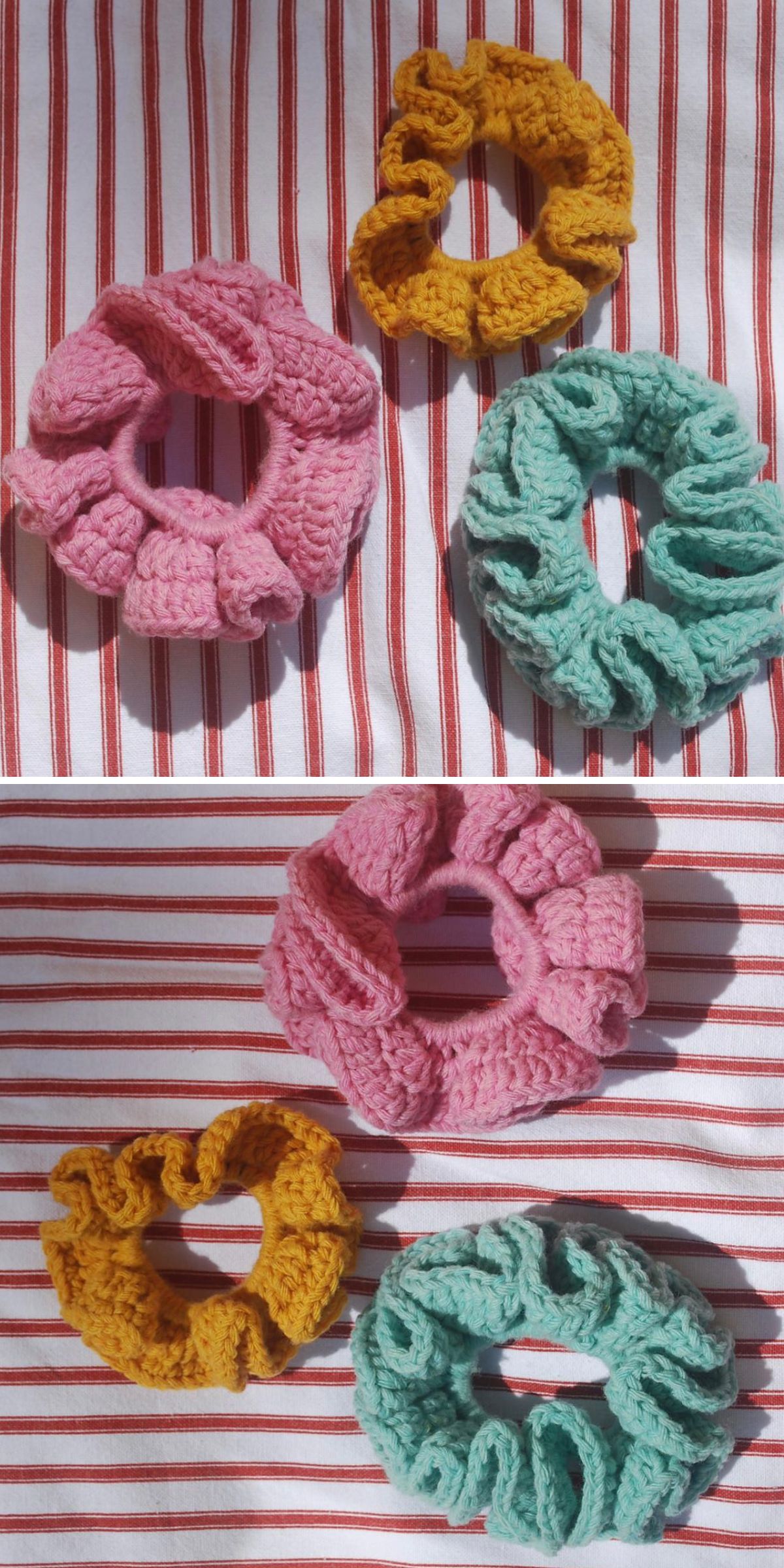 Three crochet scrunchies — pink, yellow, and teal — are arranged on a red and white striped fabric background.
