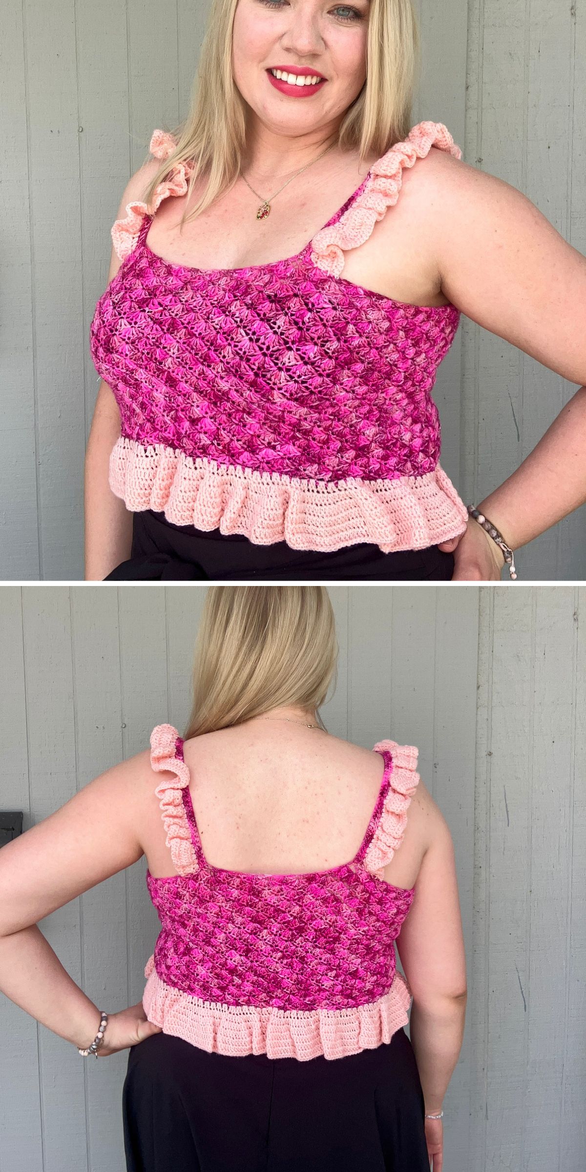 Woman wearing a sleeveless crochet tank top with ruffled straps and hem in shades of pink, shown from the front and back against a gray wall.