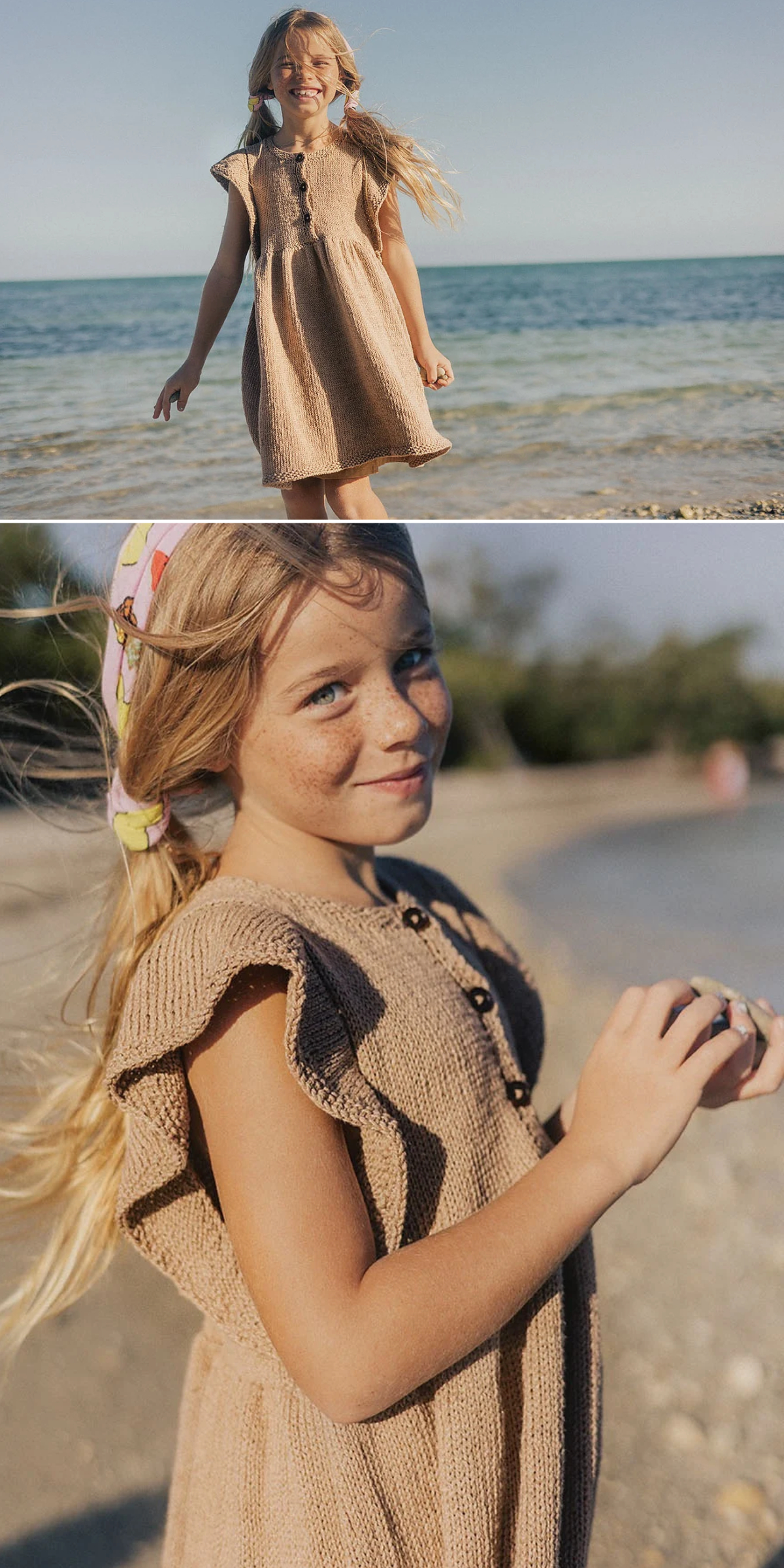 A young girl with blonde hair wearing a tan knit dress, inspired by classic knit dress patterns, stands on a beach.