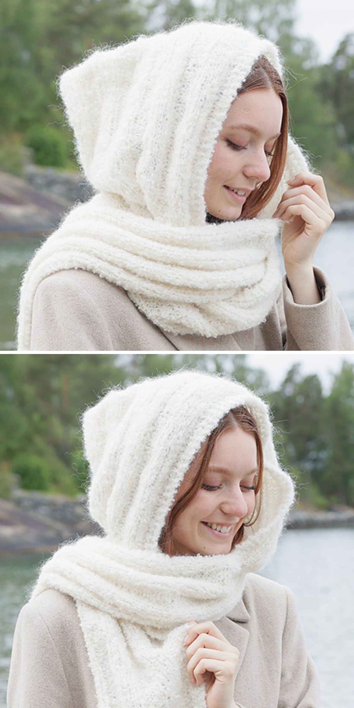 A woman wearing a thick, cream-colored knitted hooded scarf with a cozy knitted hood stands outdoors near water and trees, smiling softly in both images.