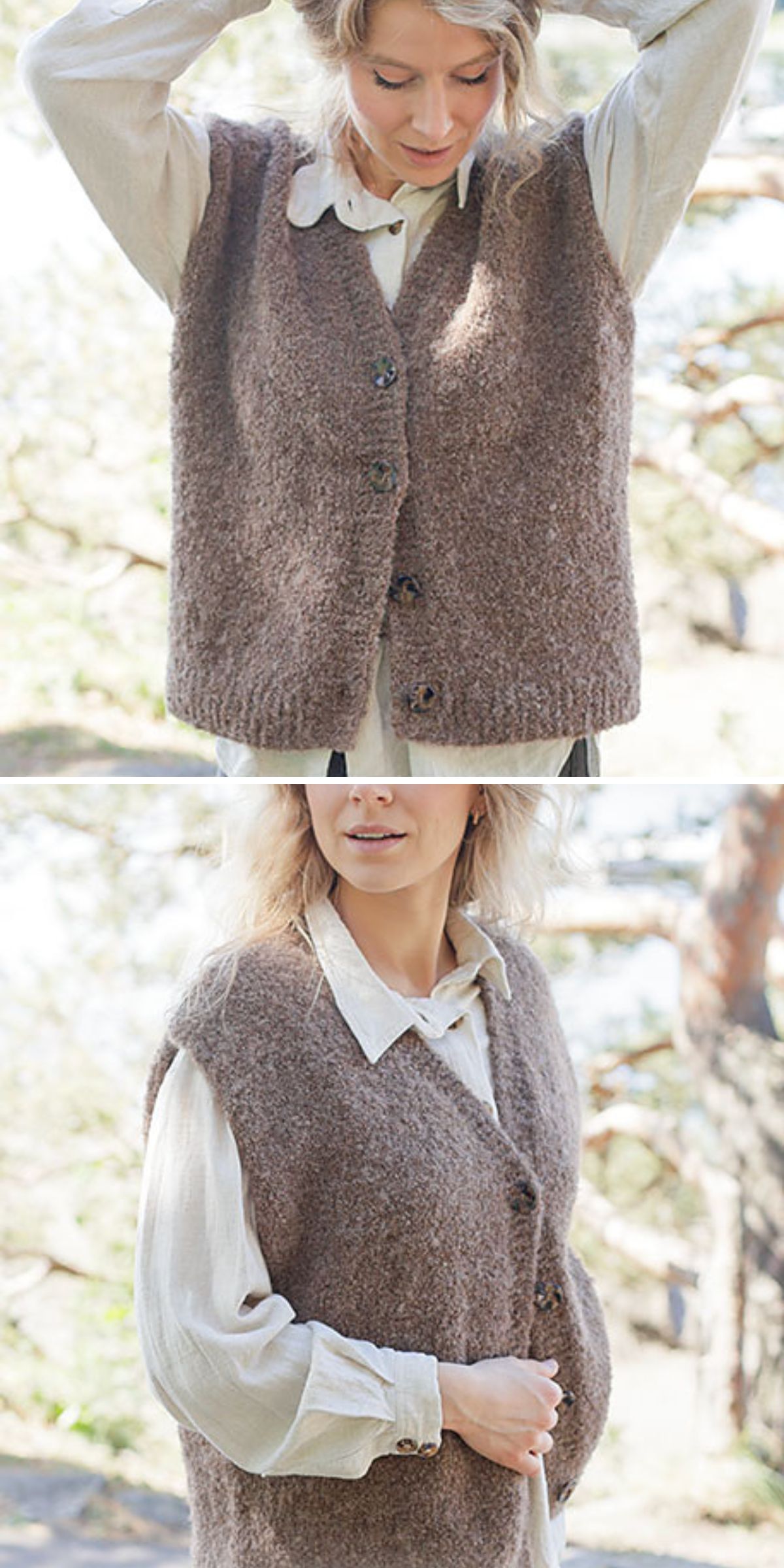 A person wearing a cream long-sleeve shirt and a brown knit vest with fuzzy button details stands outdoors among trees in daylight.