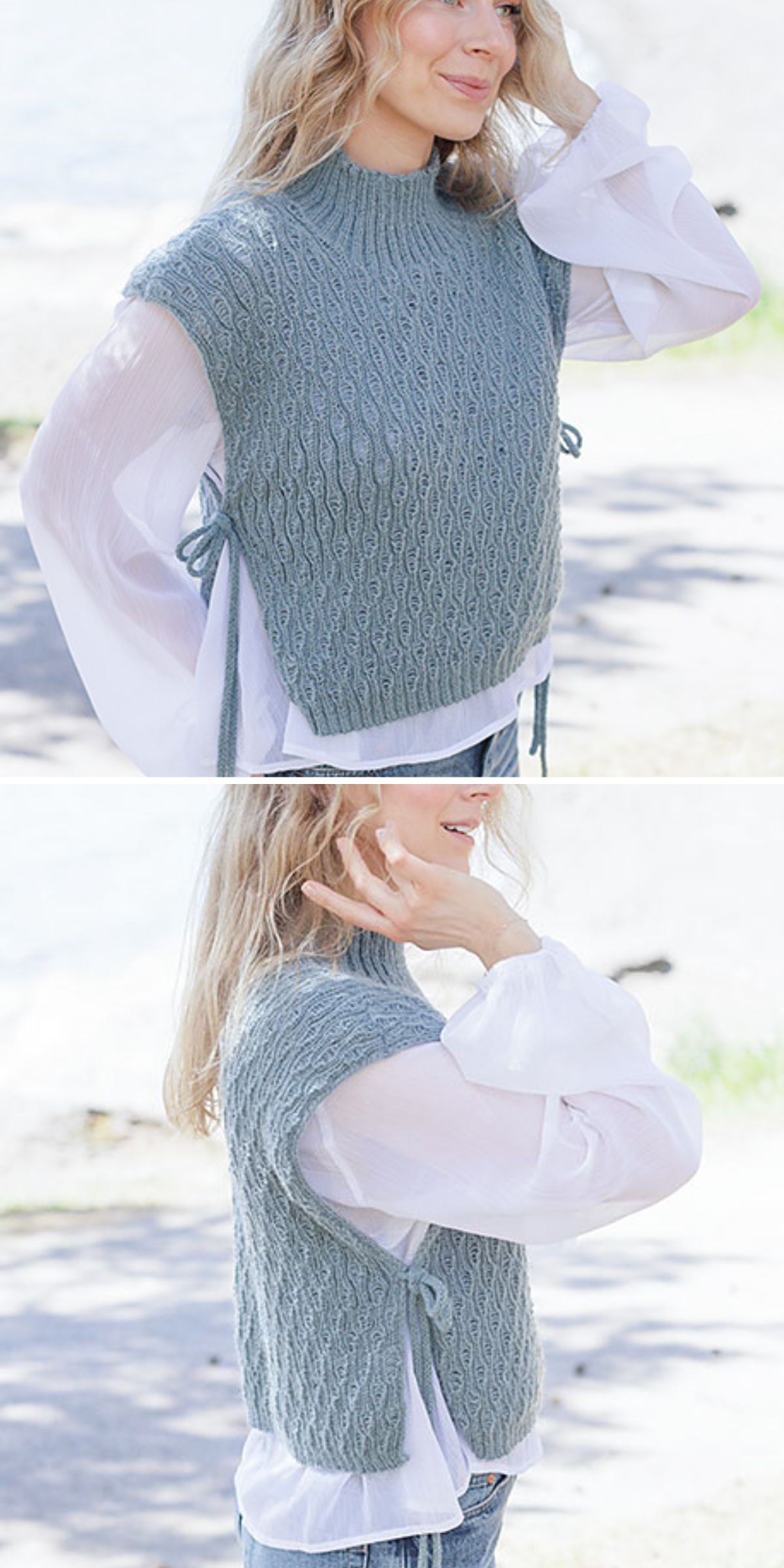 Woman wearing a textured, sleeveless knit vest in blue-gray over a white blouse with puffed sleeves, shown from the side and back outdoors.