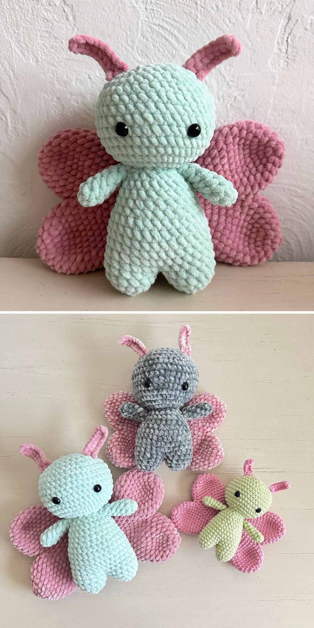 Three crocheted butterfly plush toys with round bodies, large eyes, and pink wings—each a charming crochet insect—are displayed against a plain background in two separate shots.