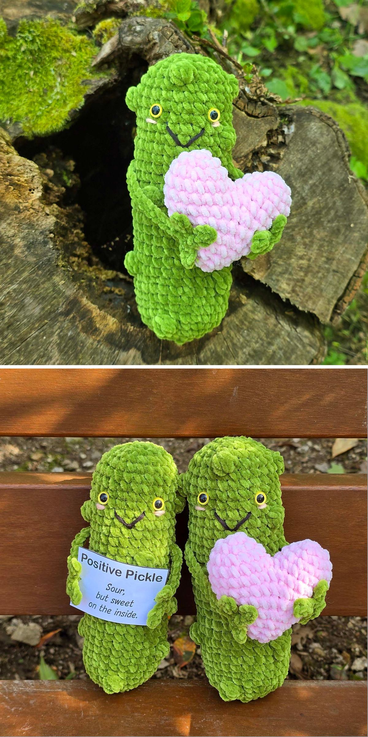 Two plush pickle toys with big eyes — inspired by adorable crochet vegetables — are the stars of this scene; one holds a pink heart, while the other shows off a sign reading "Positive Pickle. Sour on the outside, sweet on the inside." Both are posed outdoors.
