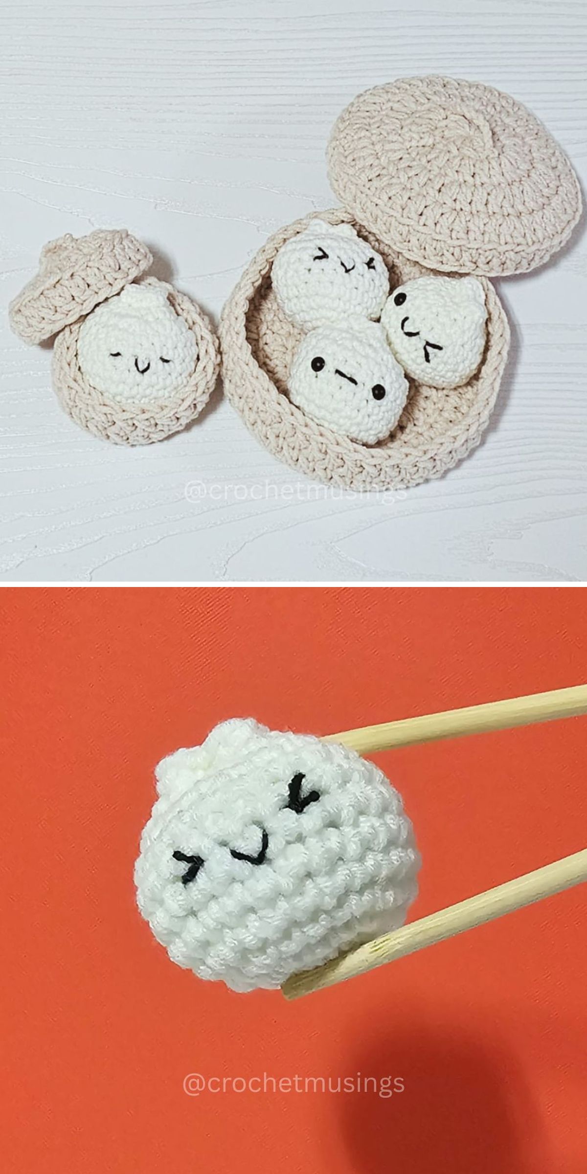 Two photos showcase crochet food: the first features four crocheted dumplings nestled in a steamer basket, while the second displays a single crocheted dumpling held delicately by chopsticks against an orange background.