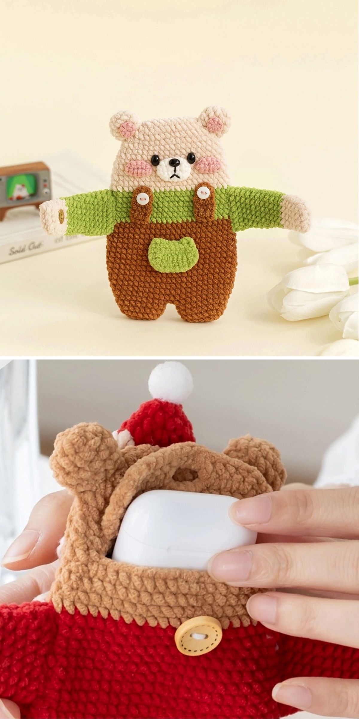 Two plush bear-shaped cases for earpods — crafted as crochet cozies — feature one bear in green and brown overalls, while the other sports a red outfit with a white pom-pom, holding a small white earphone case being placed inside.