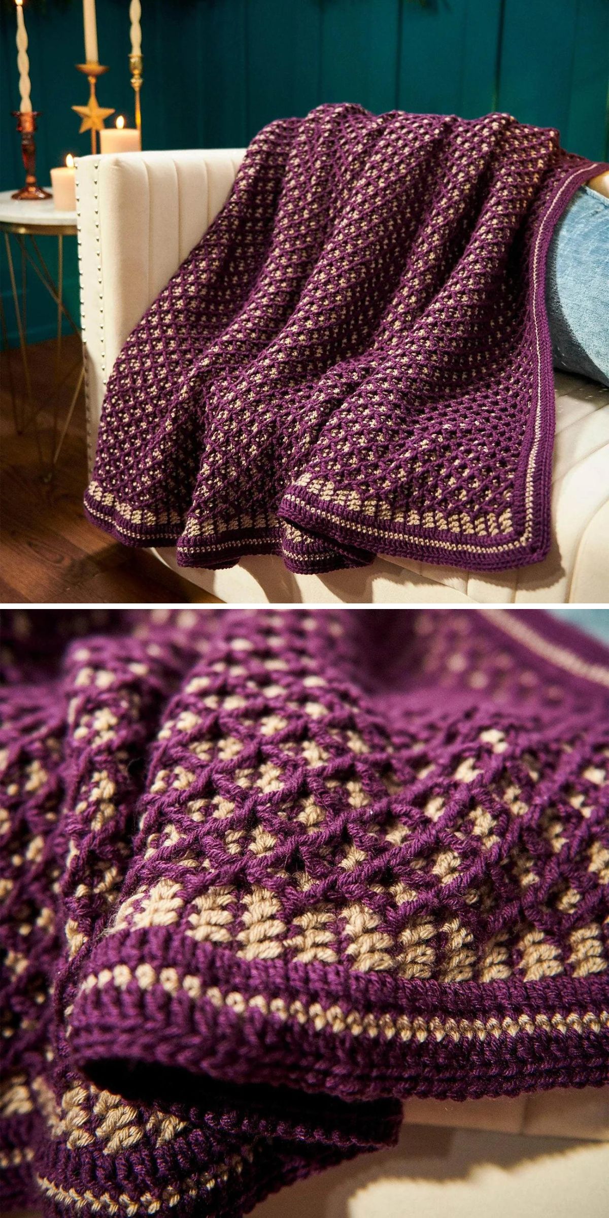 A purple and beige crocheted blanket draped over a white chair, shown in full and close-up detail of the textured pattern — perfect inspiration for those seeking crochet chunky blanket patterns or exploring new free crochet patterns to try.