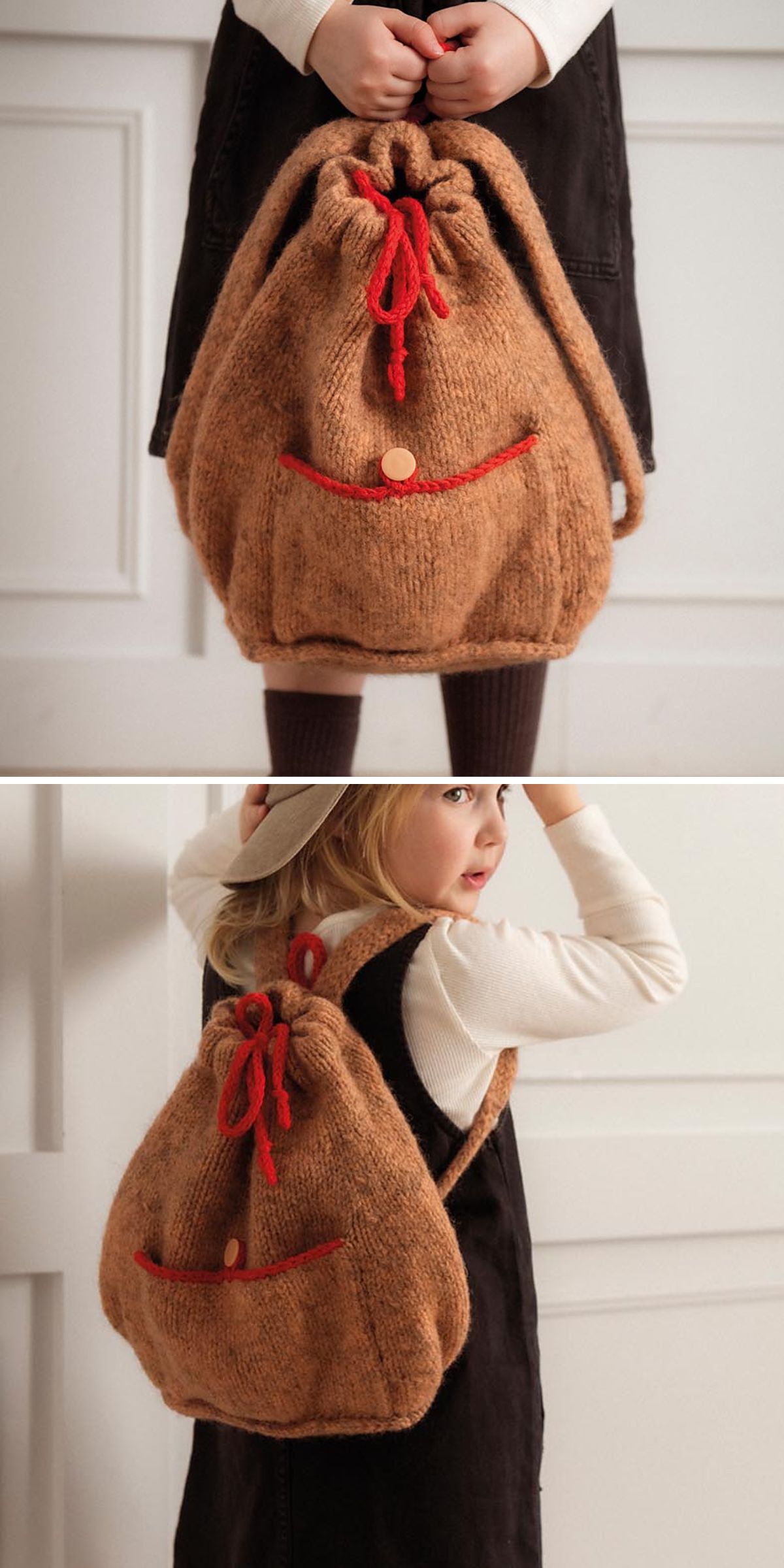 Child wearing a brown knit drawstring backpack, styled as a cozy knit bag with red cord and button accents, shown from the front and back.