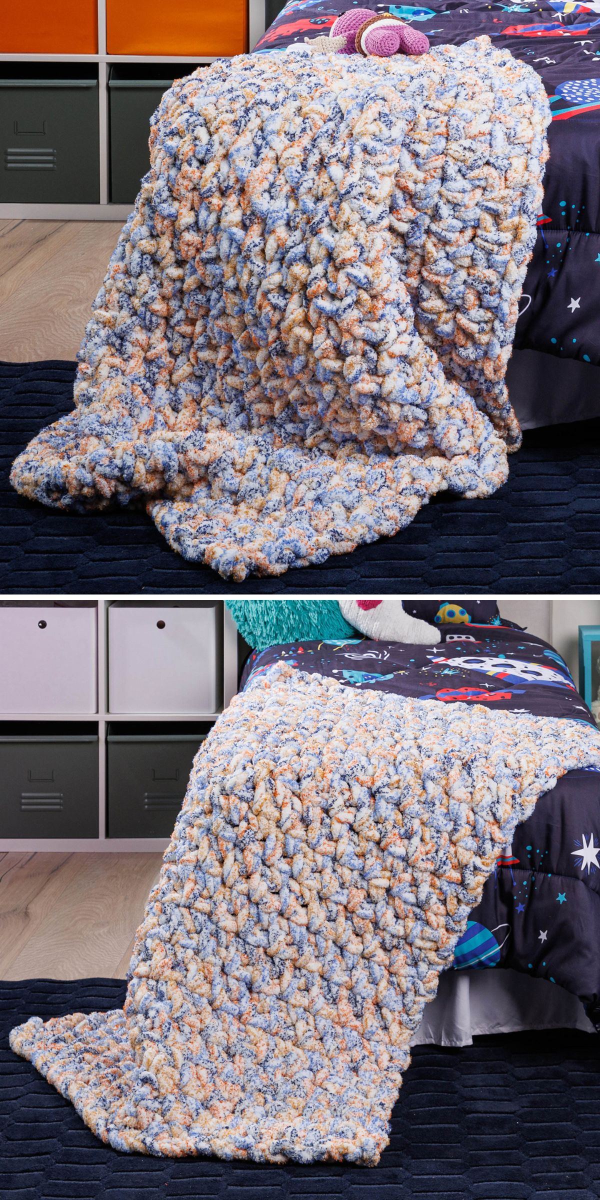 A chunky crochet blanket in blue, beige, and white is draped over the side of a bed with a dark space-themed comforter in a child's room, offering cozy inspiration for those searching for Crochet Chunky Blanket Patterns.