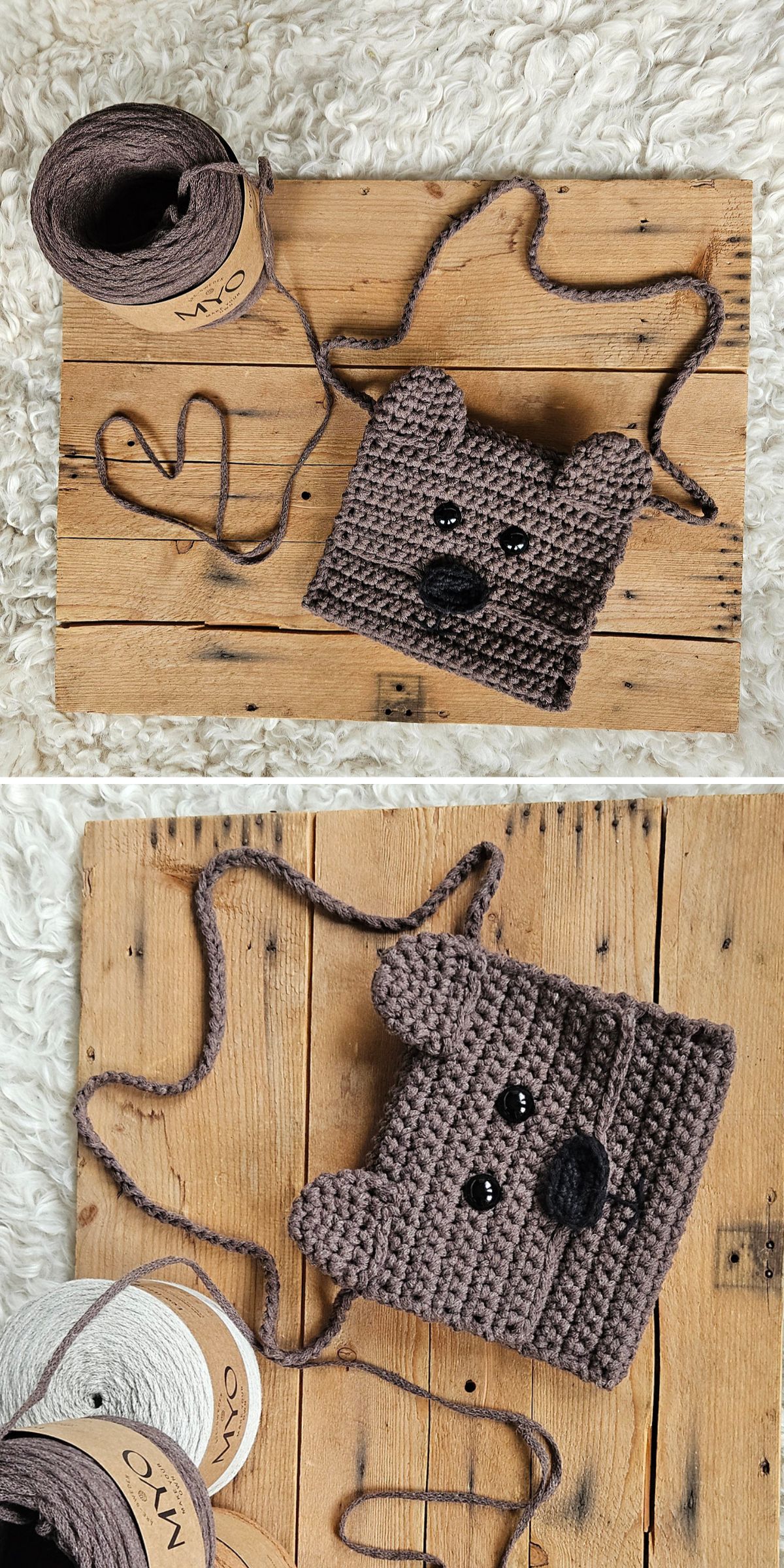 Two images of a handmade crochet bear face purse with a strap, placed on a wooden surface next to a roll of yarn. This adorable accessory is perfect for little ones and makes a delightful addition to any collection of kids crochet bags. Looking for inspiration? Similar designs can often be found in free crochet patterns and crochet bag patterns online.
