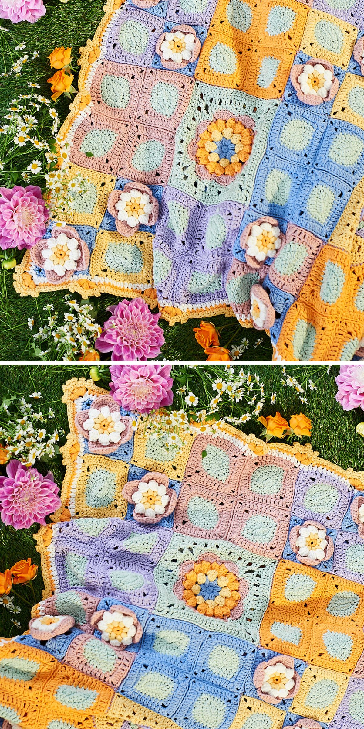Colorful crochet flower blanket with vibrant floral patterns and 3D flower accents, laid on grass and surrounded by pink, white, and orange flowers.