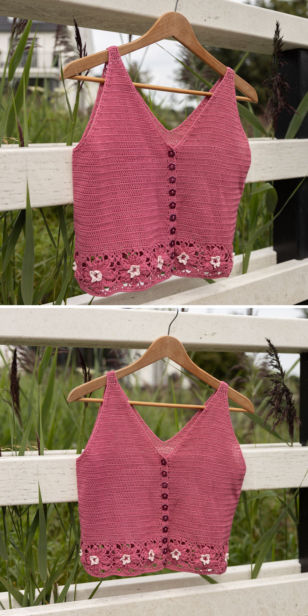 A sleeveless pink crochet tank top with front buttons and floral lace at the hem, shown hanging on a wooden hanger outdoors, front and back views.