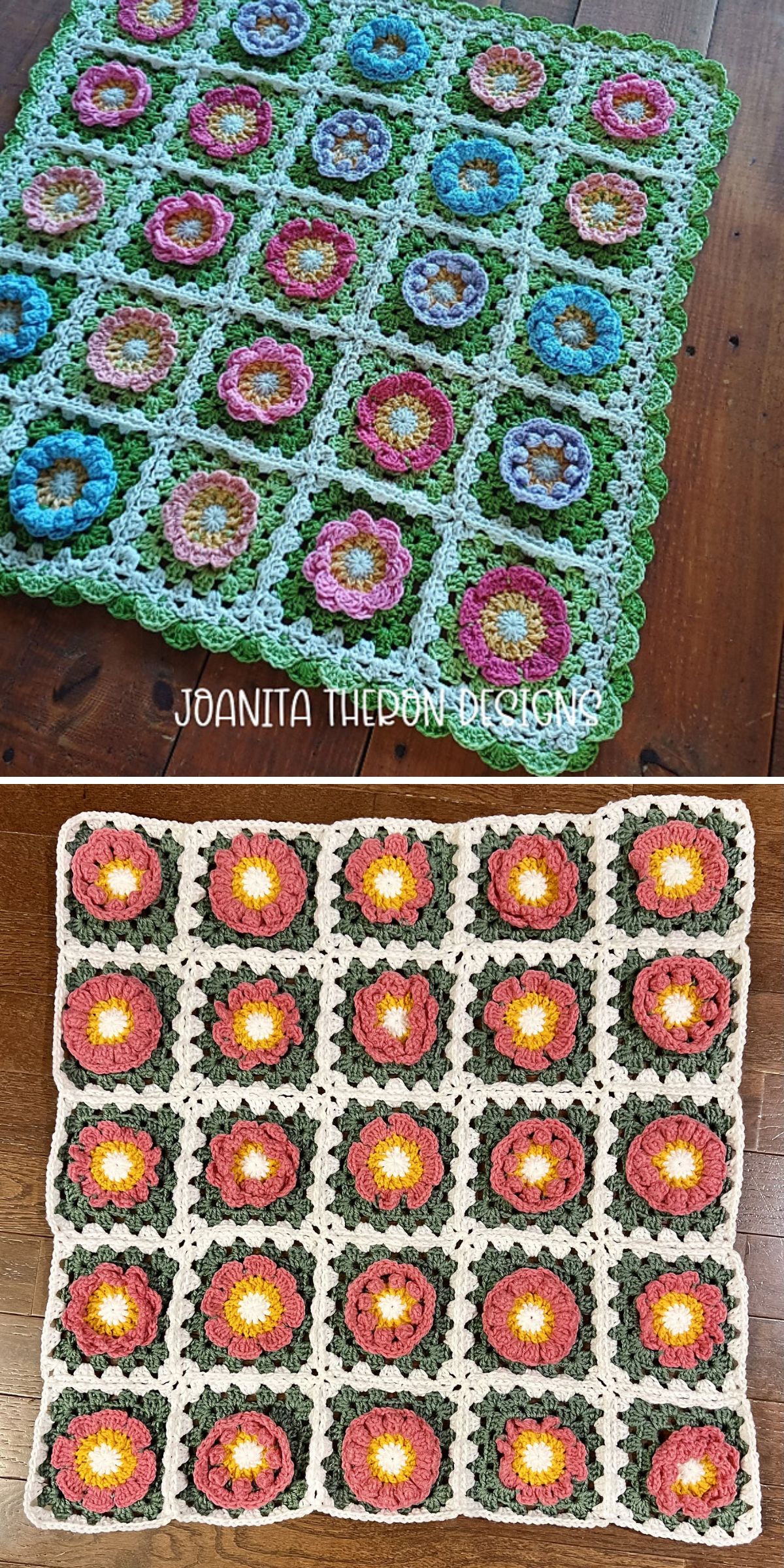 Two crocheted blankets, each a beautiful crochet flower blanket made of floral granny squares with different color schemes, are displayed flat on a wooden surface.