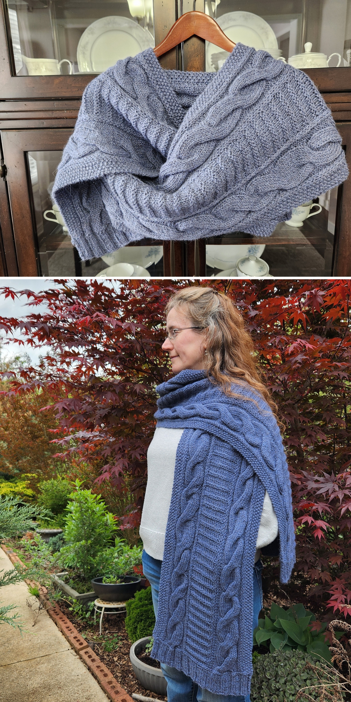 A thick, blue knitted wide scarf with cable patterns is shown folded on a hanger and worn draped over a woman's shoulders in a garden setting, offering inspiration for those seeking free knitting patterns for wraps.