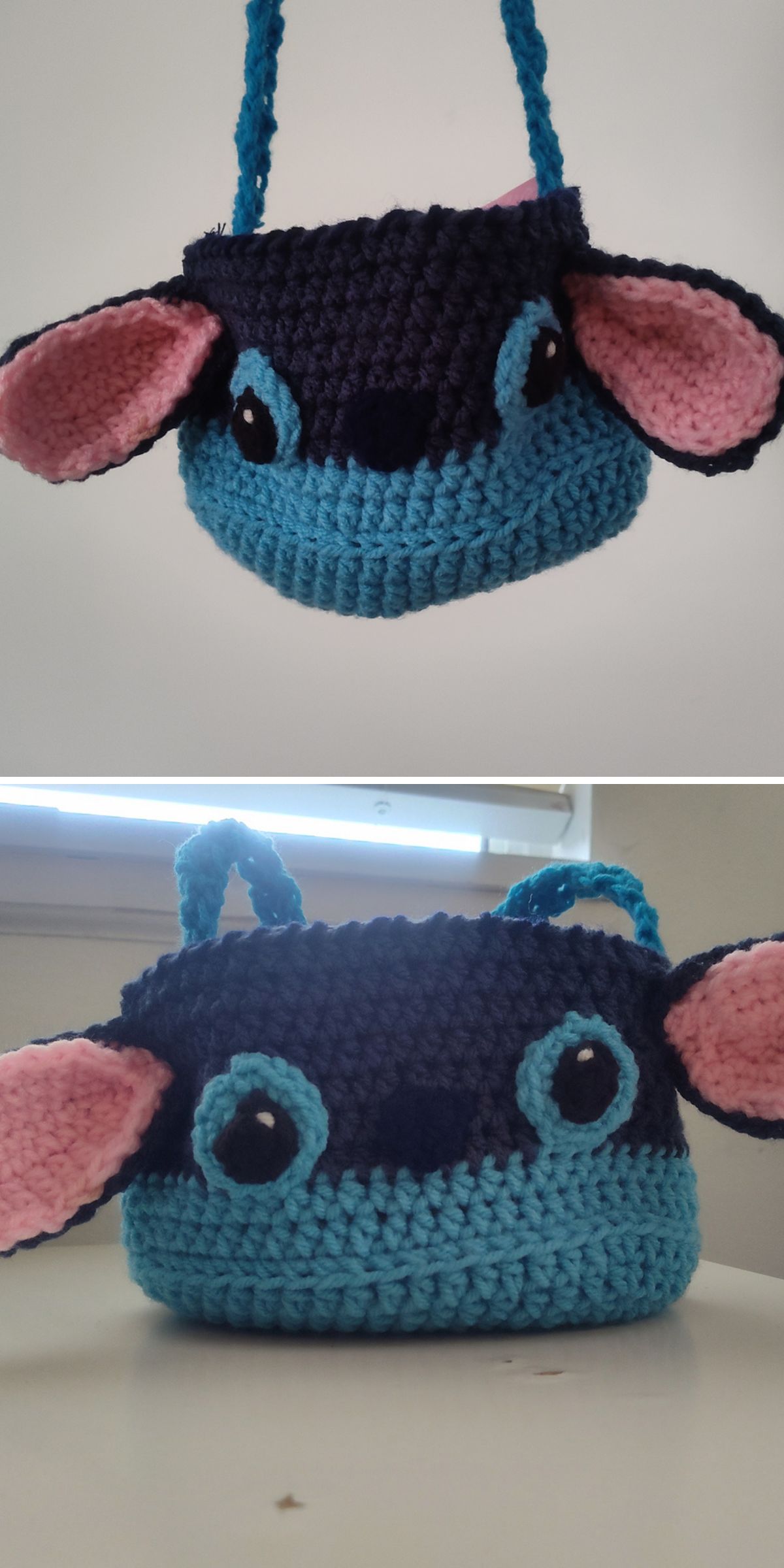 Two photos of a crocheted blue bag with large pink-lined ears, black eyes, and a strap, resembling an animated animal character—an adorable crochet bag for kids.