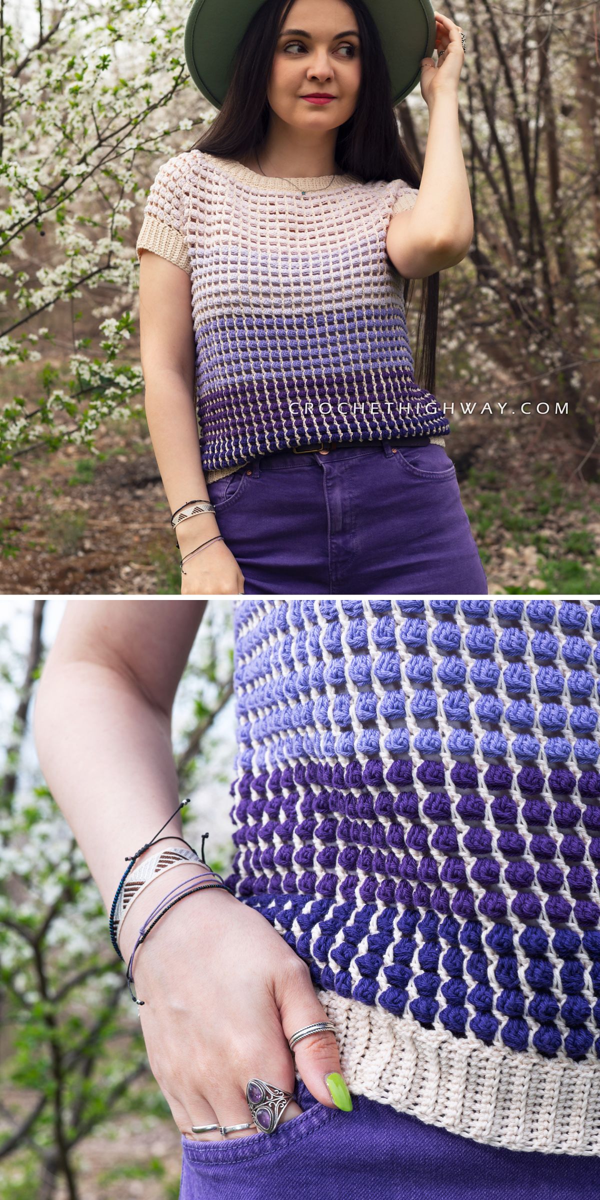 Woman outdoors wearing a cream and purple ombre crochet tee, styled with purple jeans, bracelets, rings, and a green hat. Close-up shows intricate stitch detail inspired by popular crochet tee patterns and accessories. A blossoming tree in the background enhances the fresh, creative vibe.