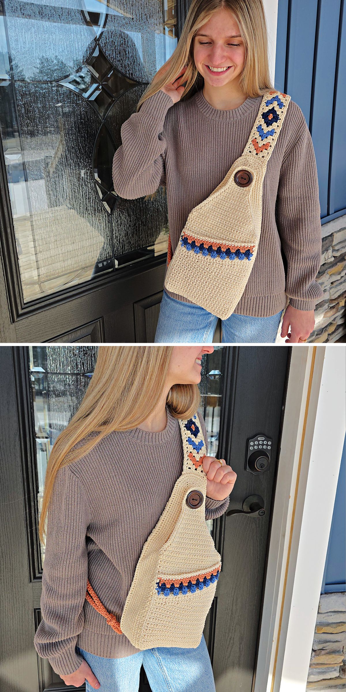 A woman wearing a taupe sweater and jeans stands outside, modeling a beige crochet crossbody bag with blue and orange accents.