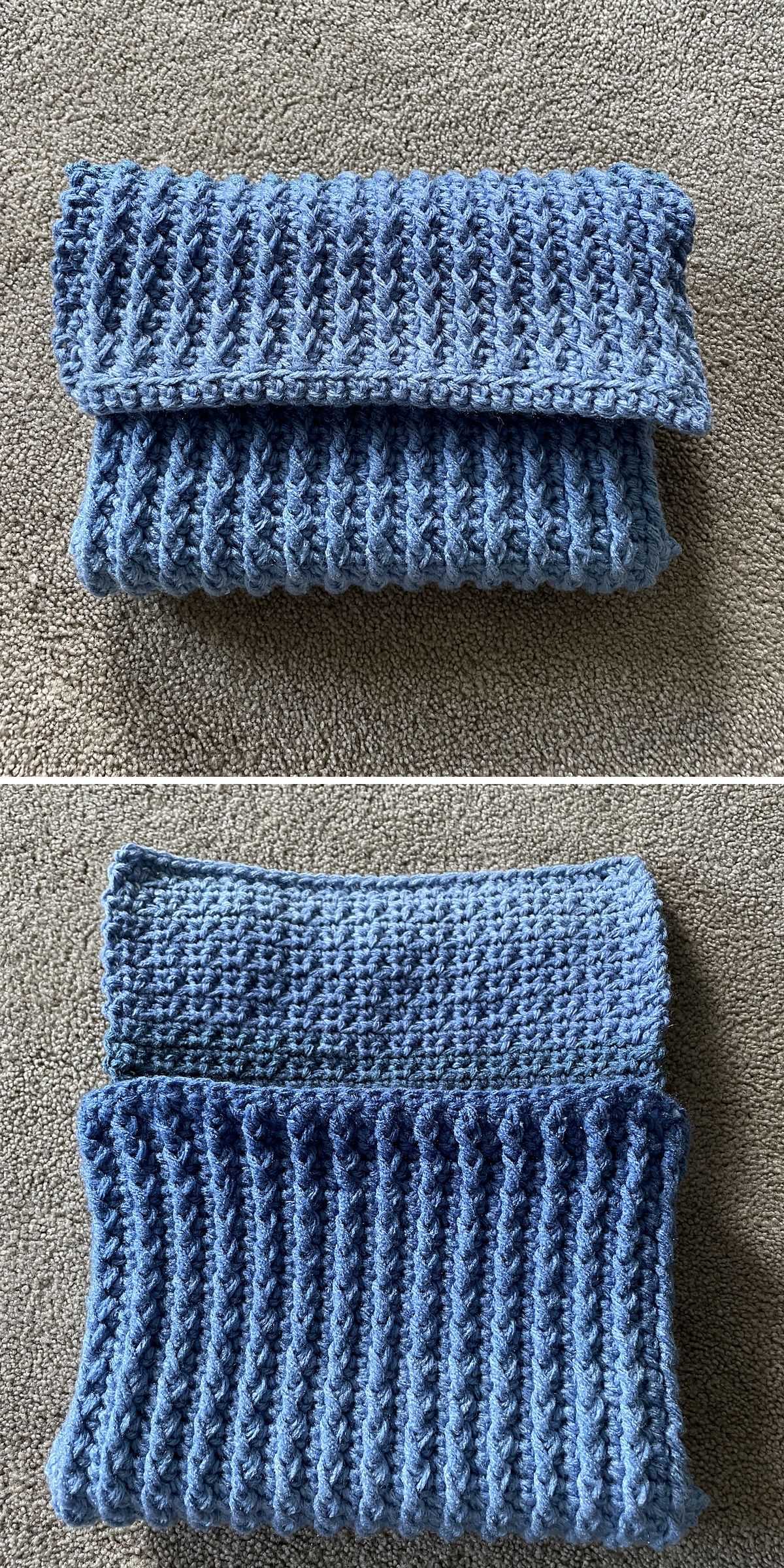 A handmade blue book pouch with a textured pattern, perfect as a crochet cozy, is shown closed in the top image and open in the bottom image, displayed on a carpeted floor.