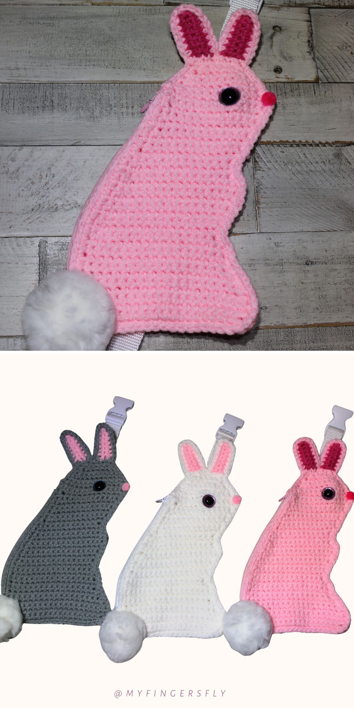 Crocheted bunny-shaped pacifier holders in pink, gray, and white, each with a fluffy tail and a clip attached at the top — perfect for those who love free crochet patterns or want inspiration for adorable kids bags.