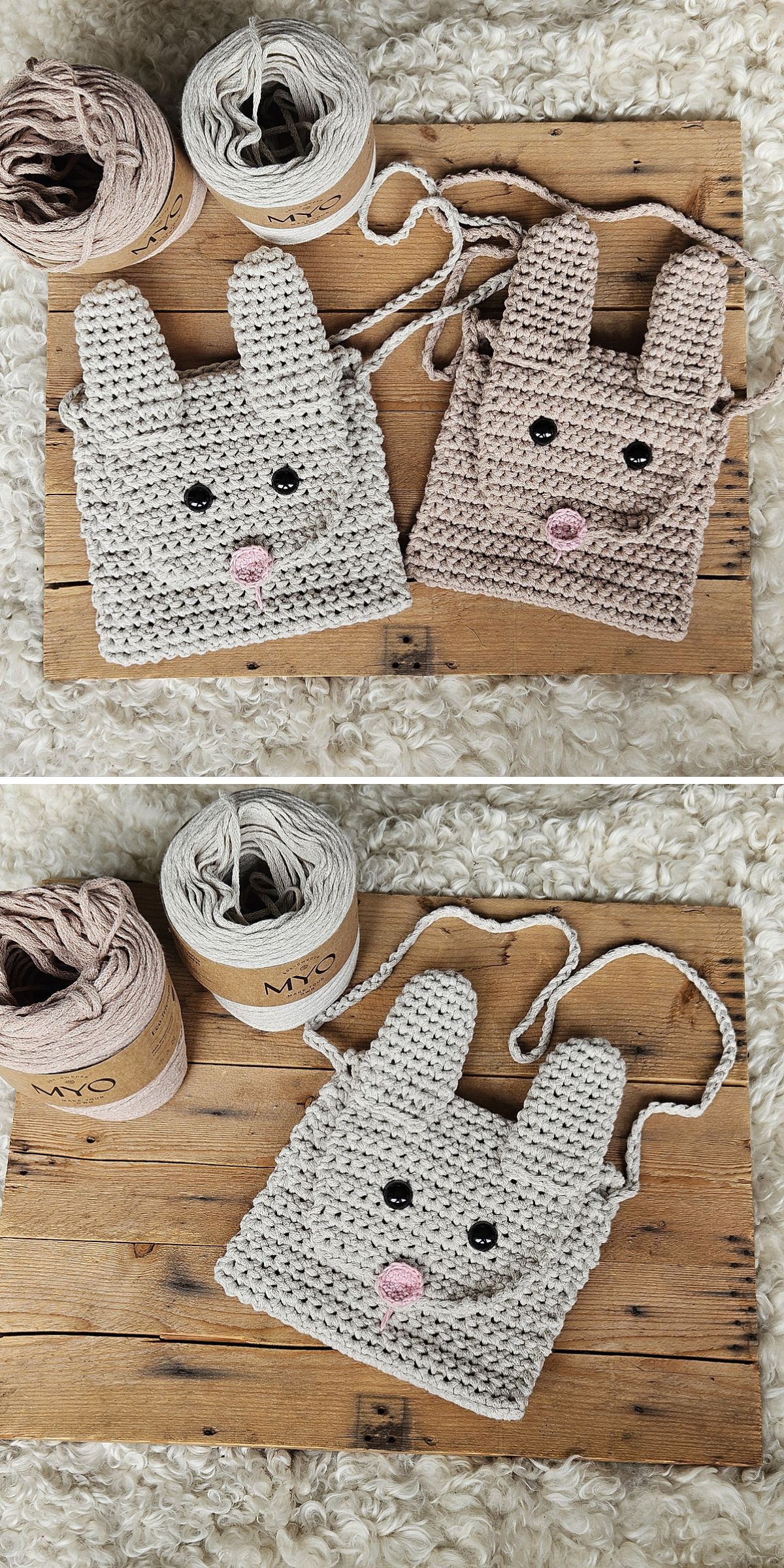 Two crocheted bunny face purses, perfect as a crochet bag for kids, rest on a wooden surface; one purse is gray, the other light brown, both with button eyes and pink noses.