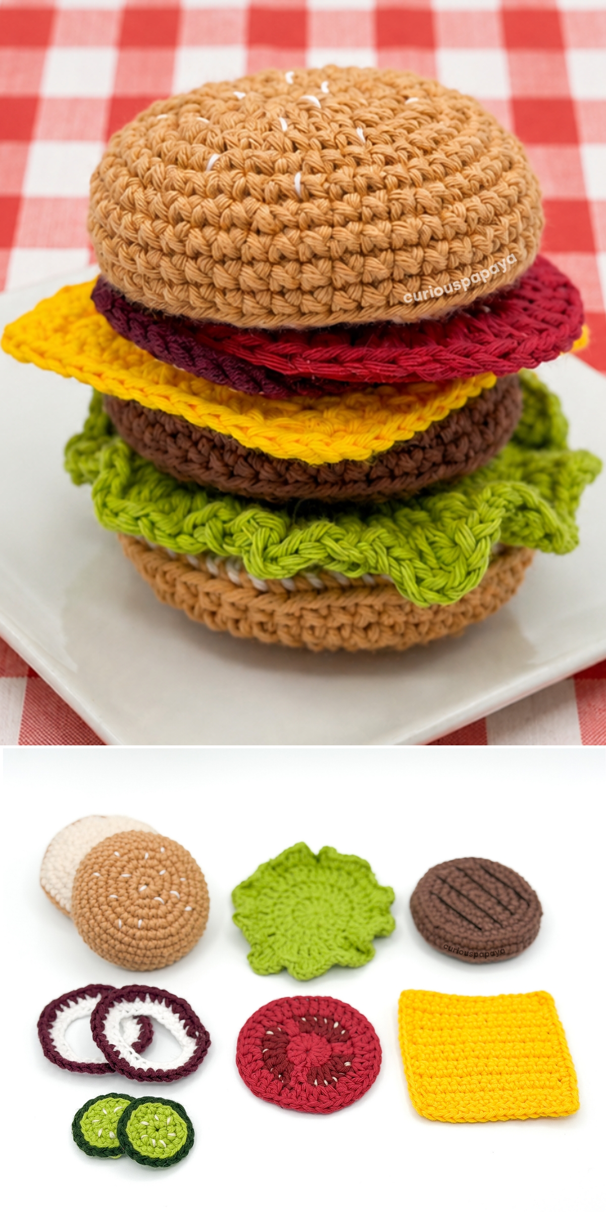 Crochet food lovers will adore this crocheted burger featuring lettuce, tomato, cheese, patty, onions, and pickles. Shown assembled on a plate and separated into individual components on a white surface, it’s a whimsical and charming addition to any crochet food collection.