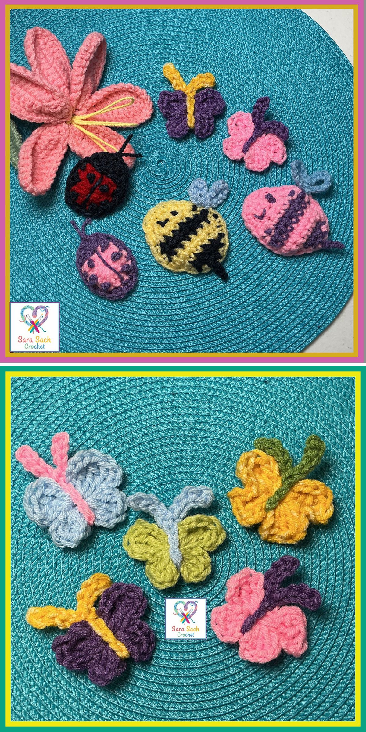 Crocheted insects and butterflies in various colors, including delightful crochet insect designs, are arranged on a turquoise woven mat.
