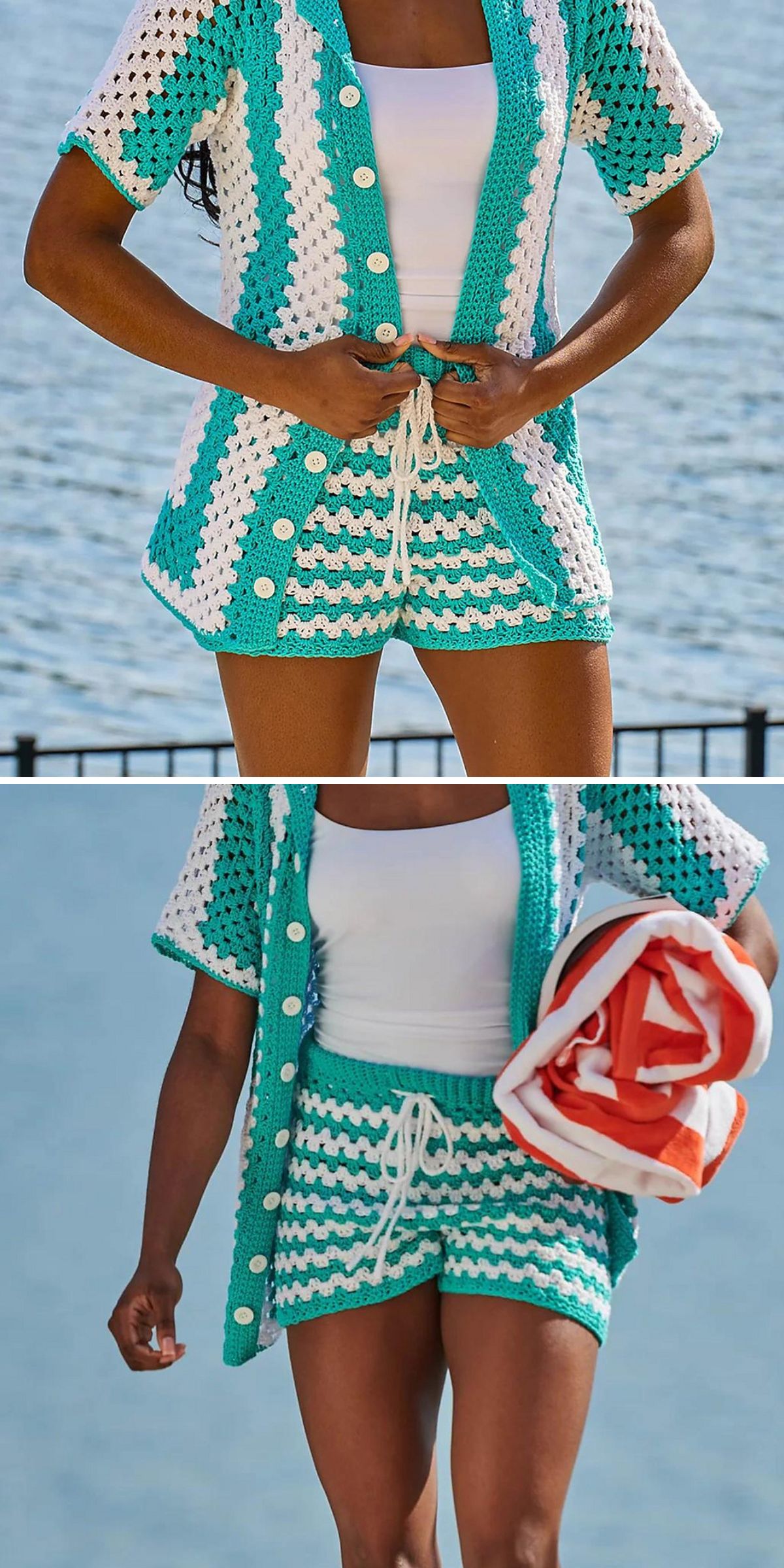 A person wearing a turquoise and white crochet outfit, featuring stylish crochet shorts, stands outdoors by water, holding a red and white striped towel in the lower image.