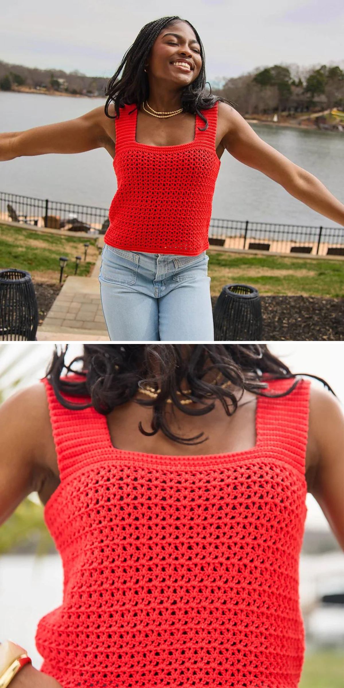 A woman wearing a bright red crocheted tank top and light blue jeans stands outdoors by a lake, smiling with her arms outstretched. Perfect for sunny days, her look showcases the detailed crochet pattern of the top—a great inspiration for those searching for fresh Crochet Tank Top Patterns. A close-up view highlights the intricate craftsmanship that makes this piece truly stand out.