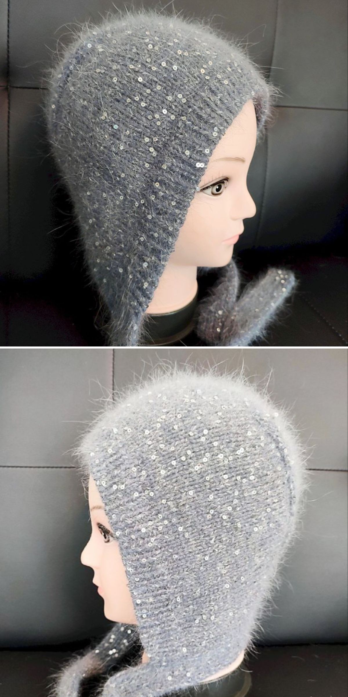 A mannequin head wearing a fuzzy, light gray knitted hood hat with sequins, shown from two side angles against a black background.