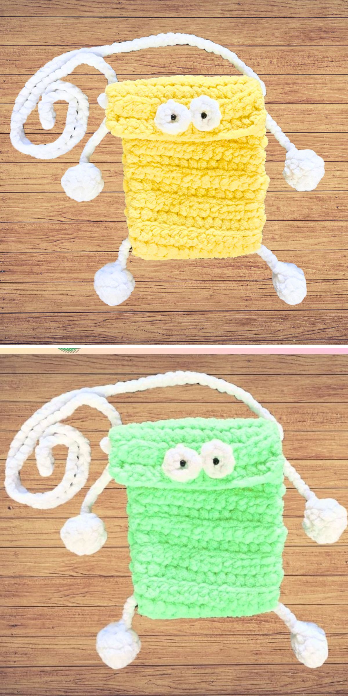 Two crocheted pouches, one yellow and one green, each with white rope drawstrings, googly eyes, and knotted ends, placed on a wooden surface — perfect as a playful crochet bag for kids.