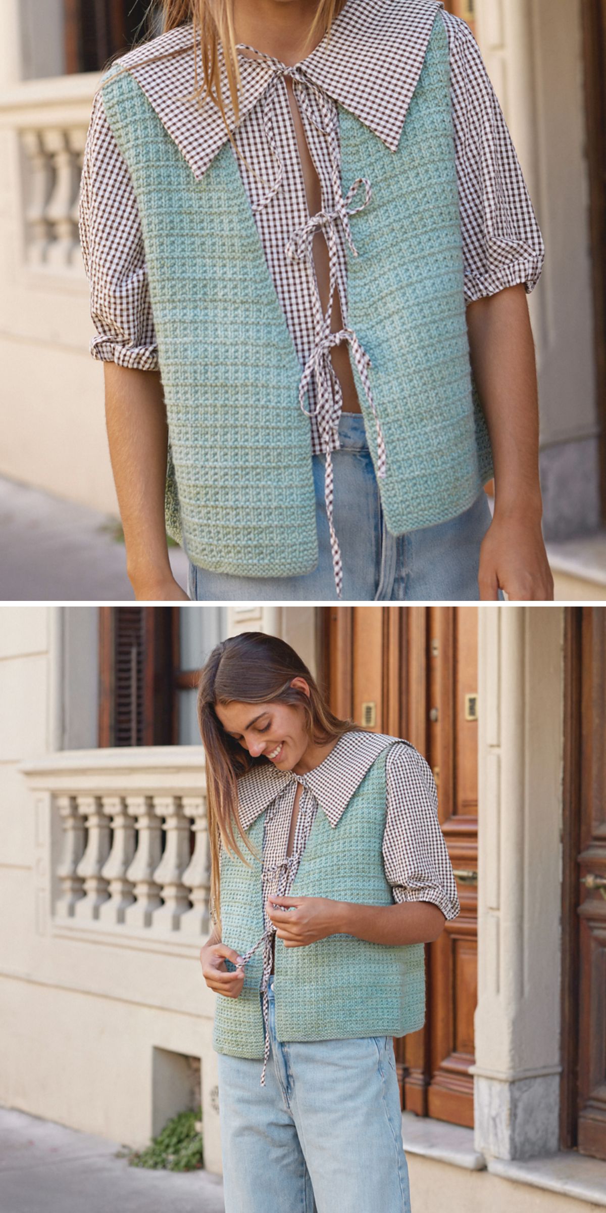 A person wears a green knit vest over a brown checked blouse with a large collar and bow ties, paired with light blue jeans, standing outdoors near a building.