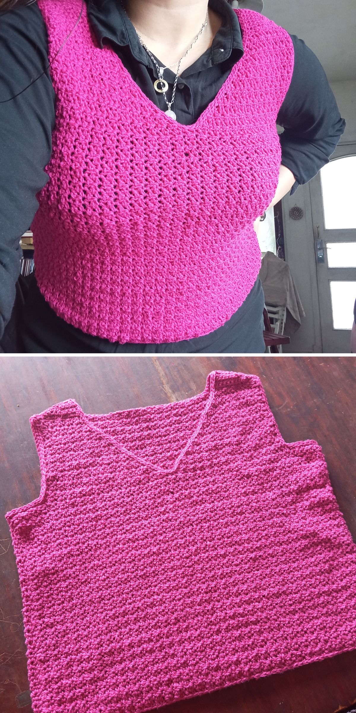 Two images show a person wearing, and a flat lay of, a hand-crocheted crochet vest in bright pink with a textured pattern and V-neck.