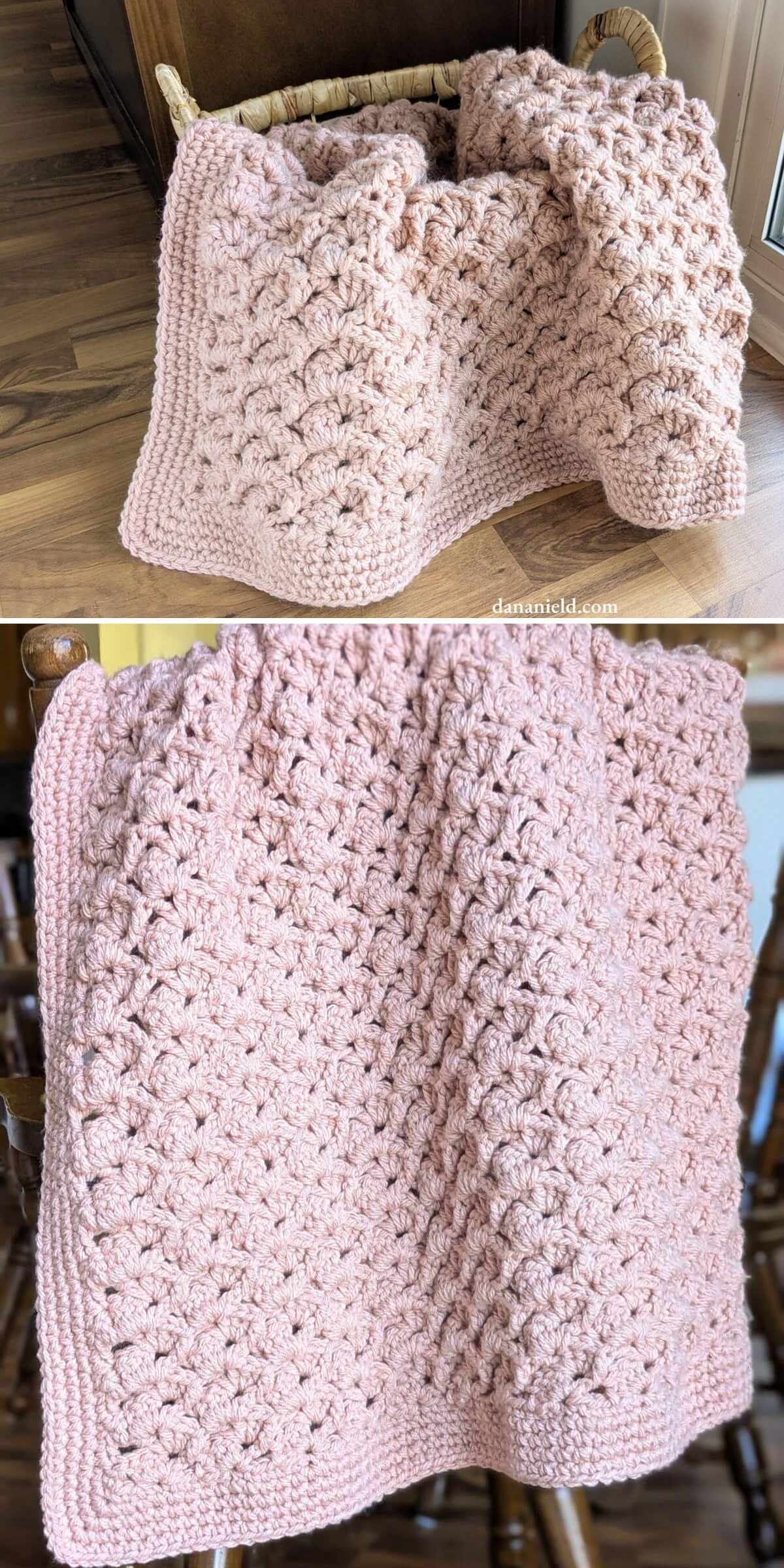 A light pink, textured crochet chunky blanket is draped over a wooden chair and a basket, shown in two different views.