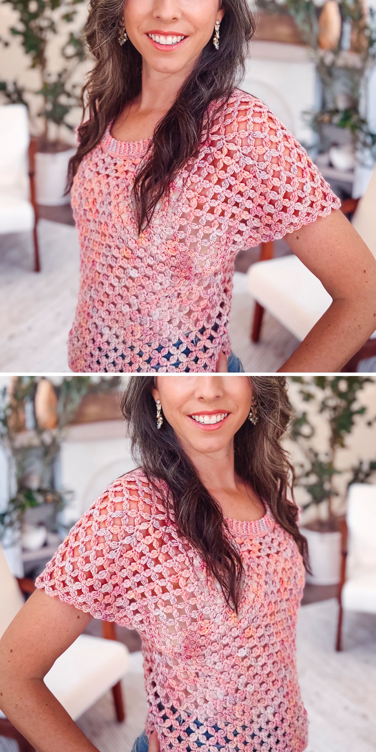 Woman wearing a pink crochet tee, smiling indoors, standing in front of white chairs and green plants.