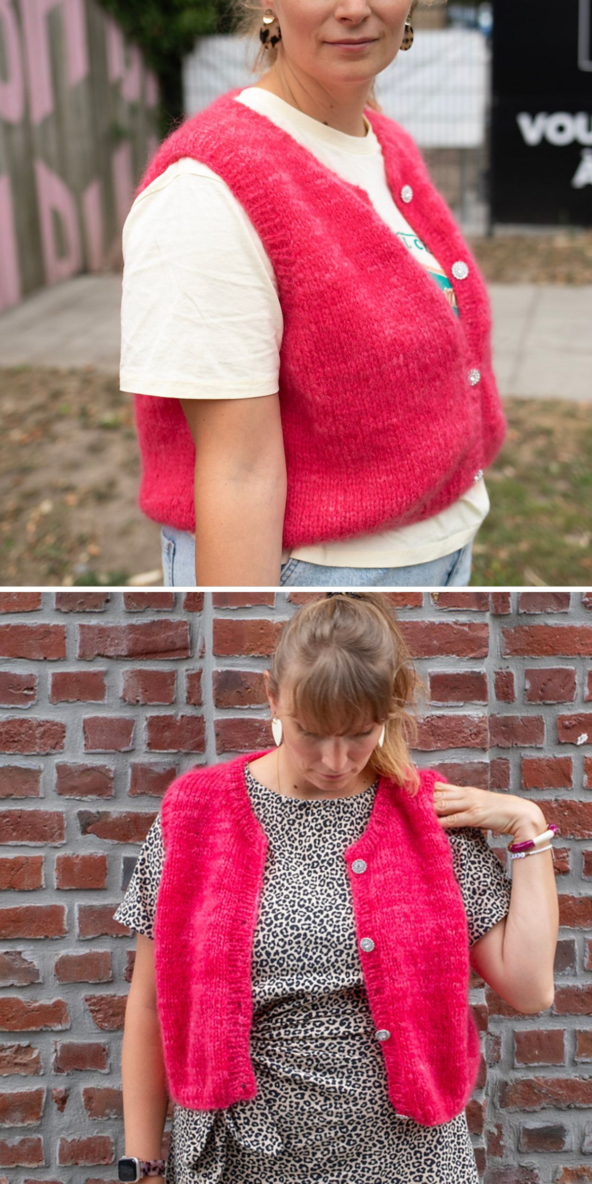 Two people wearing the same sleeveless, bright pink, button-up knit vest; the first pairs the knit vest with a white shirt and jeans, while the second layers it over a leopard print dress, both posed outdoors.