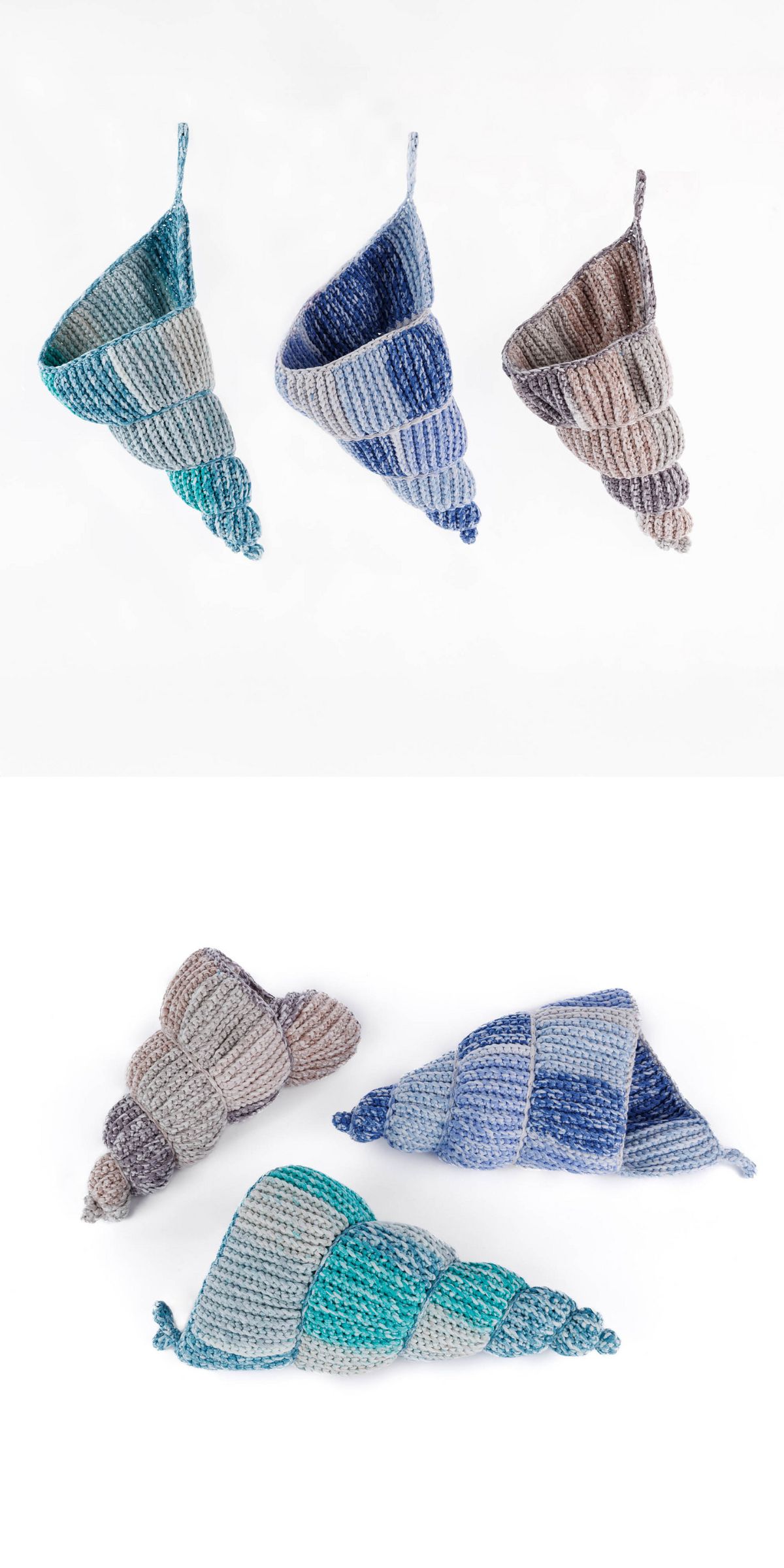 Four crocheted seashell shapes in blue, teal, and gray tones — perfect accents for a crochet basket — are shown from top and side views on a plain white background.