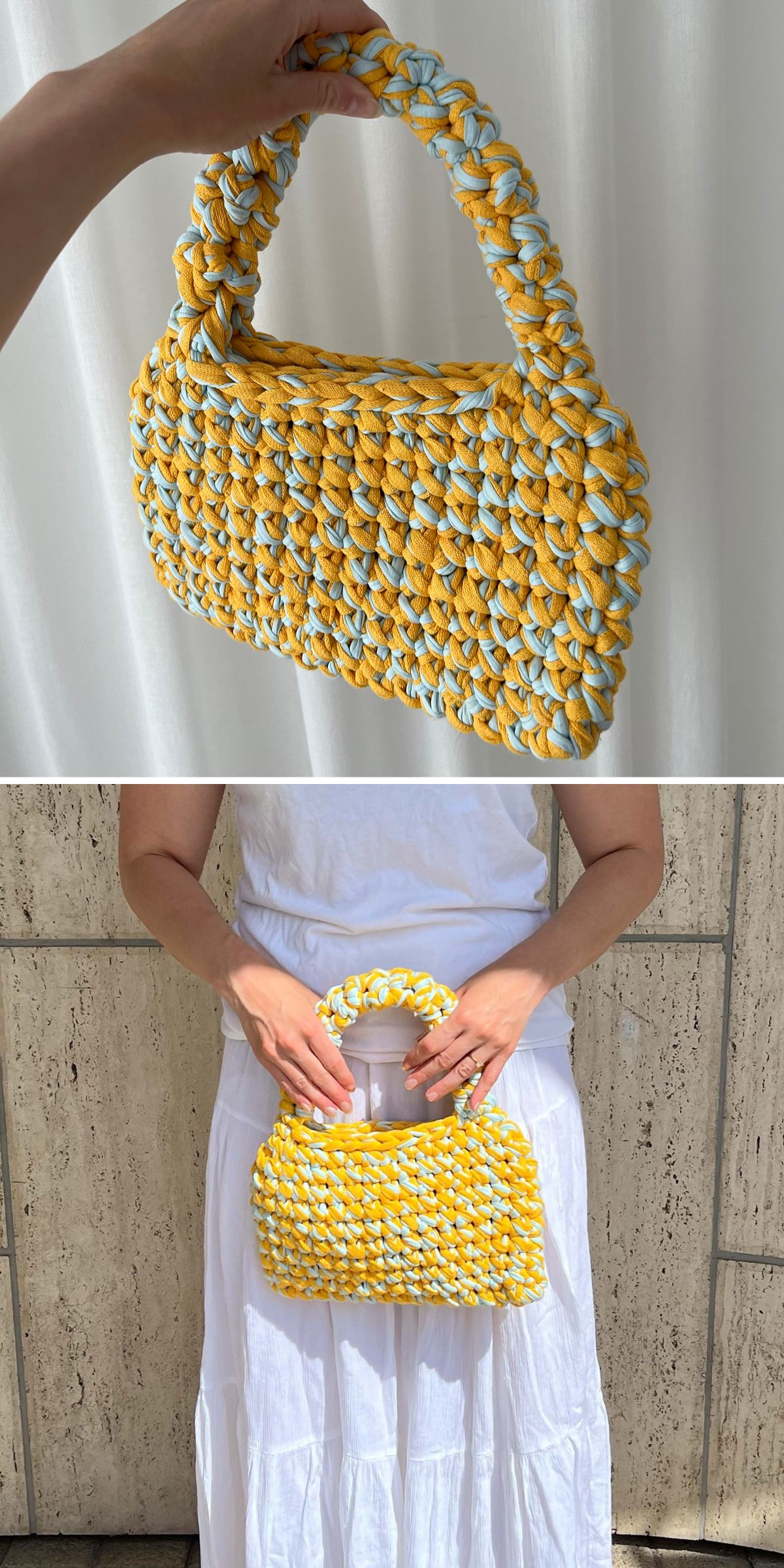 A handwoven yellow and light blue crochet bag is shown close-up and then held by a person wearing a white dress.