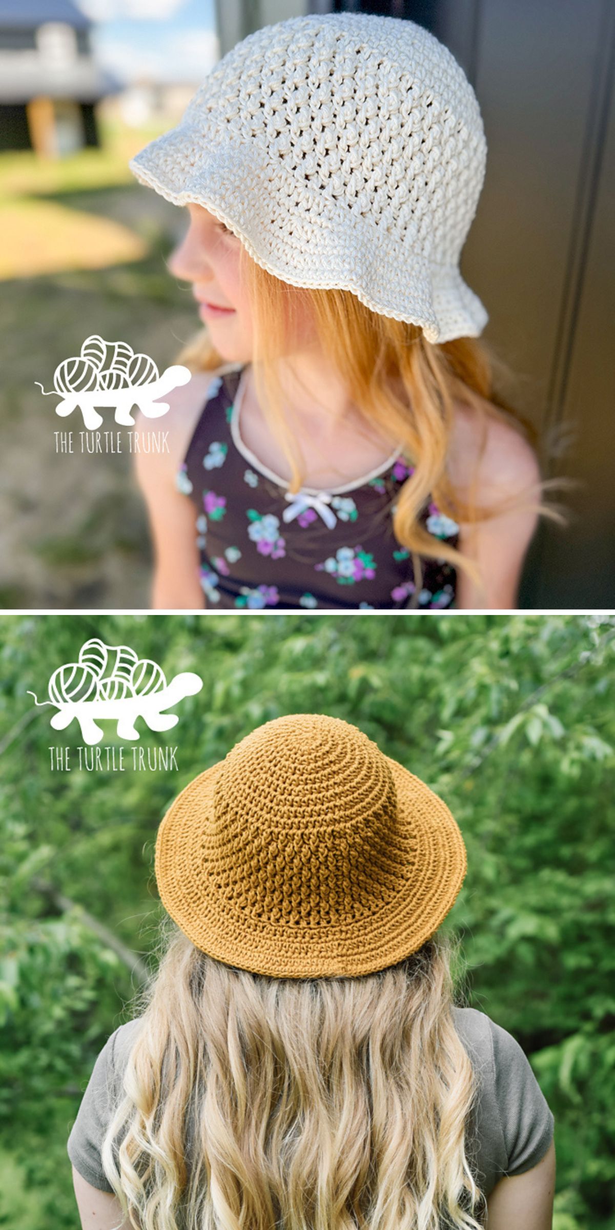 Top: Girl with long blonde hair wears a white crochet sun hat. Bottom: Person with long hair wears a brown crocheted bucket hat outdoors. Both photos have “The Turtle Trunk” logo.