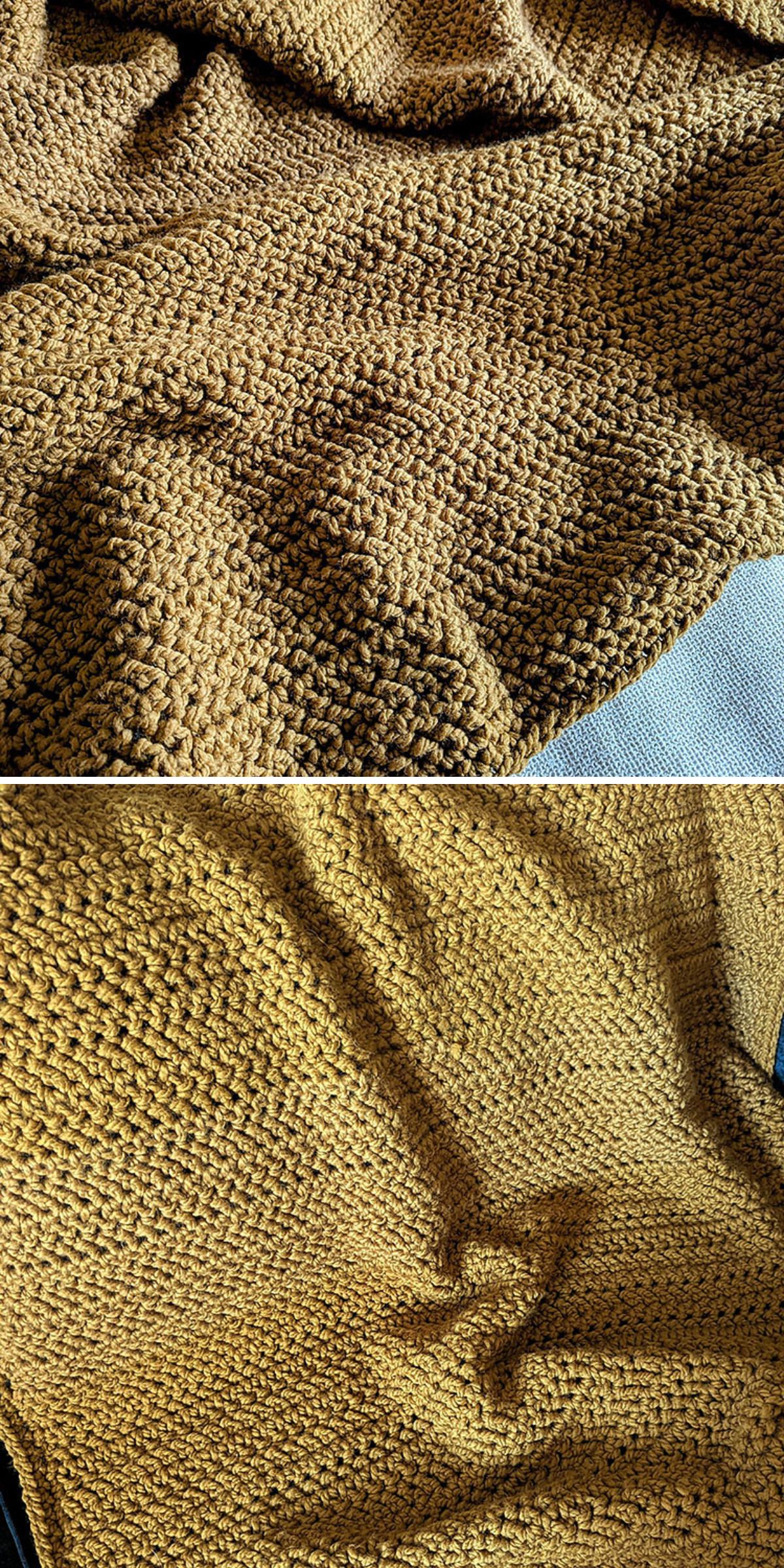 A close-up of a textured, brown crochet chunky blanket, shown in two different lighting conditions with folds and creases visible.