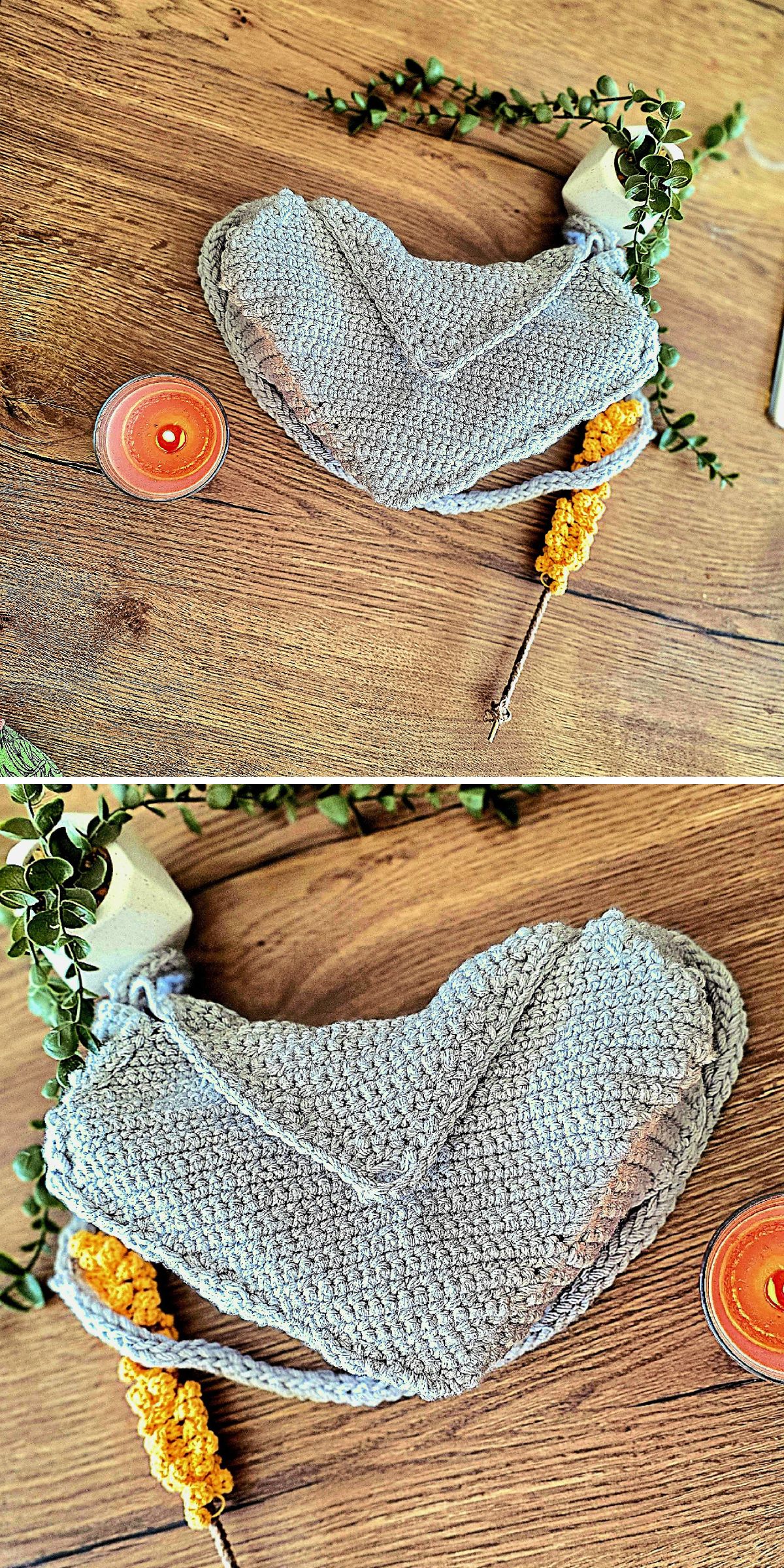 Two photos of a crochet gray heart-shaped bag on a wooden surface, next to a small candle, yellow flower, and green vine decoration — perfect as a crochet bag for kids.