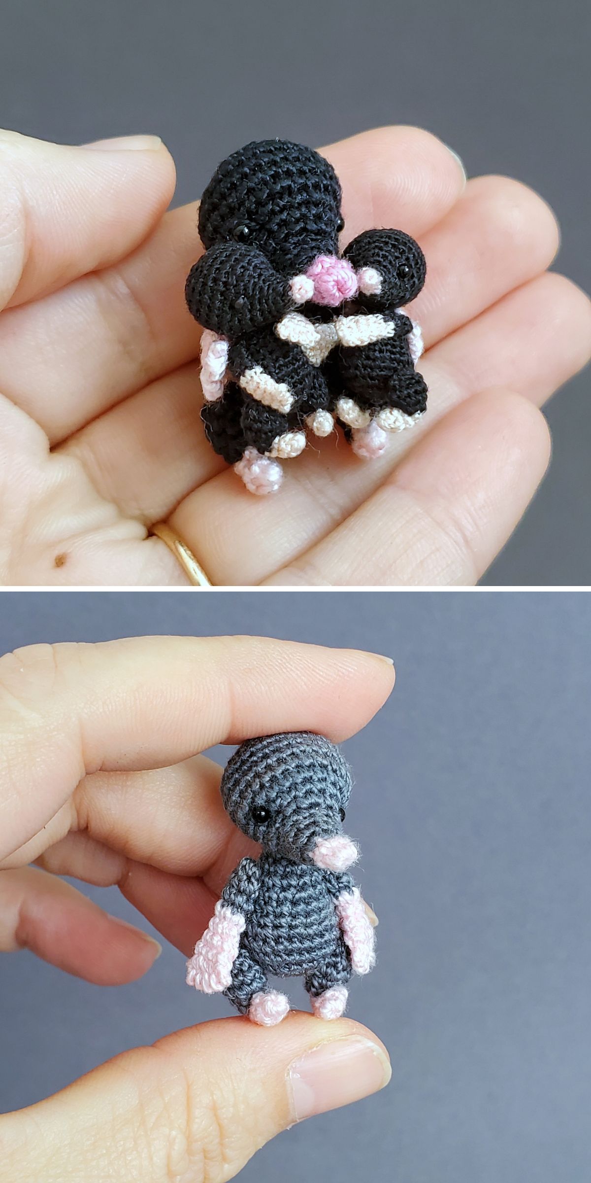 Two close-up images show a hand holding a small, crocheted black and pink crochet mole figurine, displayed from the front and back.