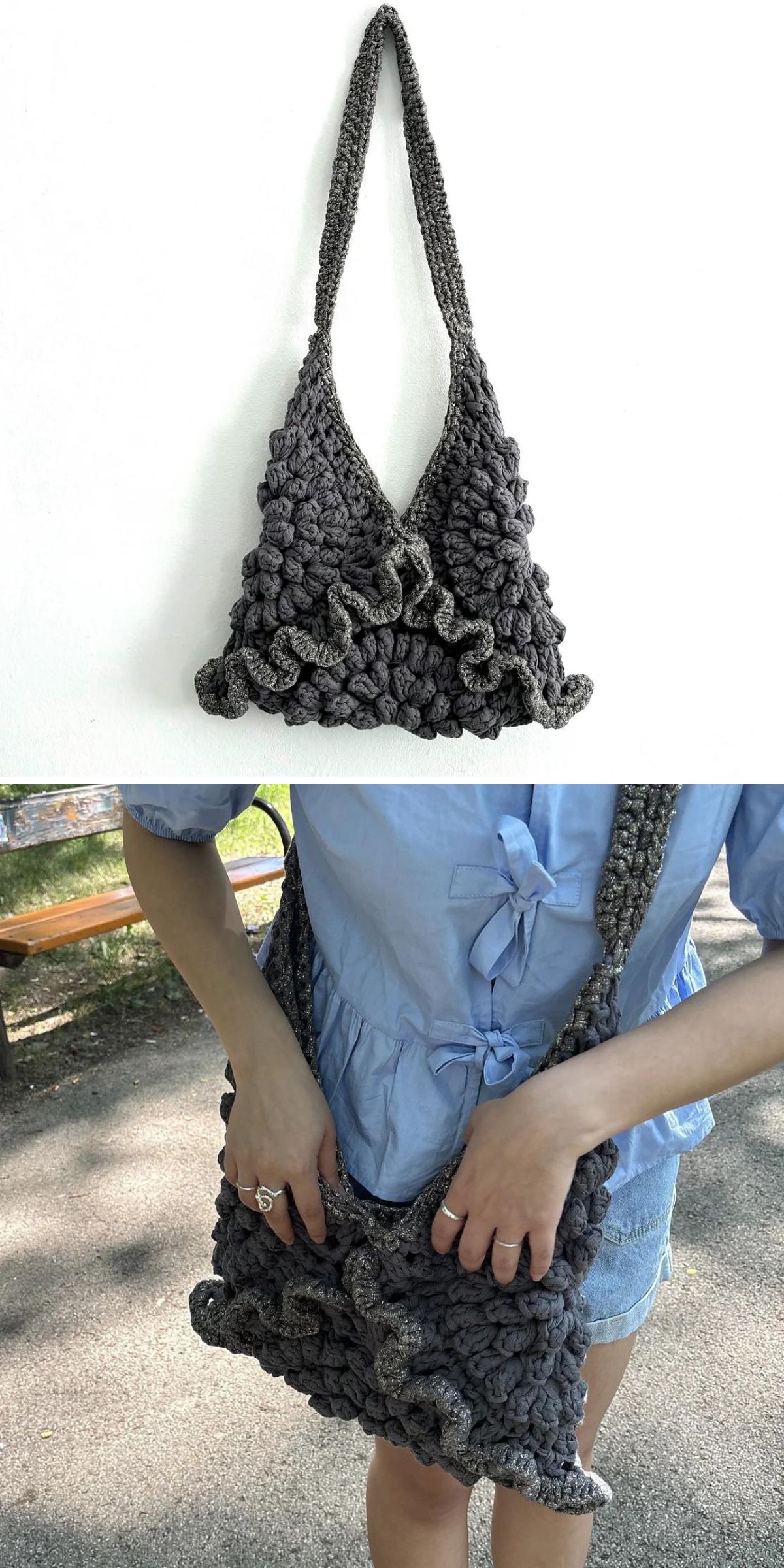 A handmade, textured gray crochet crossbody bag with a ruffled design, shown hanging on a wall and being worn by a person in a blue blouse and shorts.