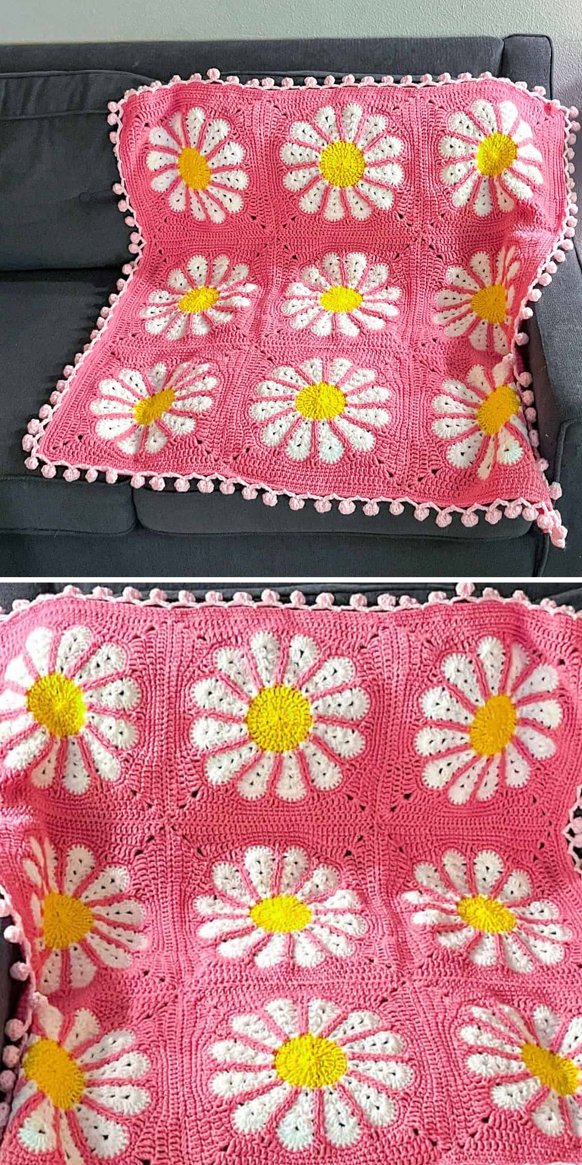 A crochet flower blanket, featuring large white and yellow daisy patterns on a soft pink background, is draped over a gray couch.